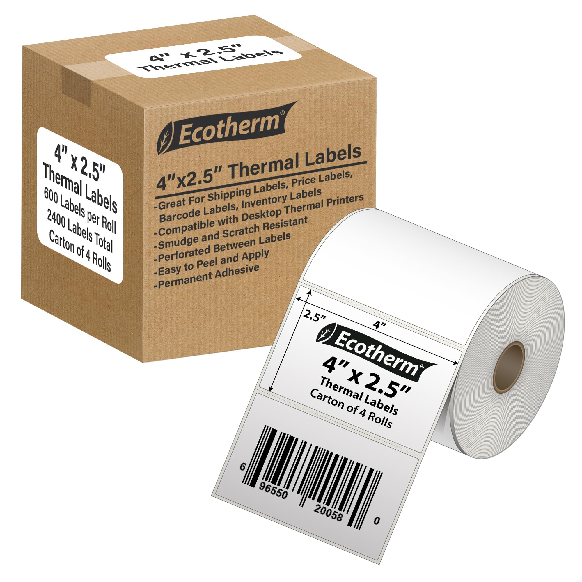 Thermal Labels 4 x 2.5 Inch 4 Rolls 2400 Labels Fits Zebra, Munbyn, Rollo, Godex, Arkscan, iDPRT, Offnova Thermal Label Printers and More Blank White Self Adhesive Stickers