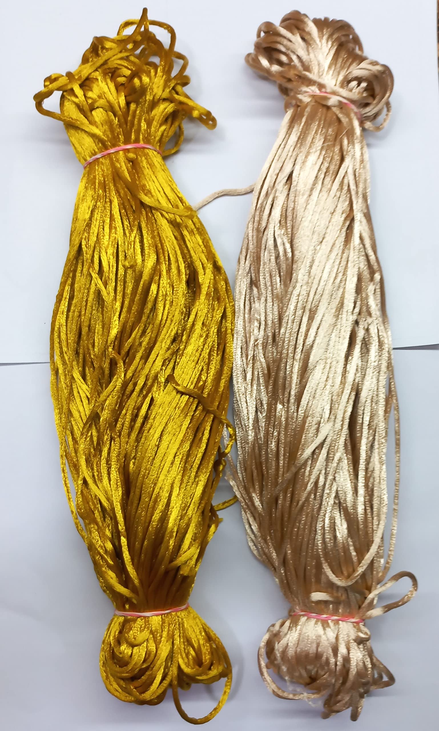 OMX 2.5 MM Thick, 60 to 75 Mtr, in 1 Roll, 2 Colours (Total 150 Mtr) Malai Macrame Cord/Malai Dori/Silk Macrame, Bugtail Satin Cord Shamballa Beading Kumihimo String (Beige & Gold)-image-45