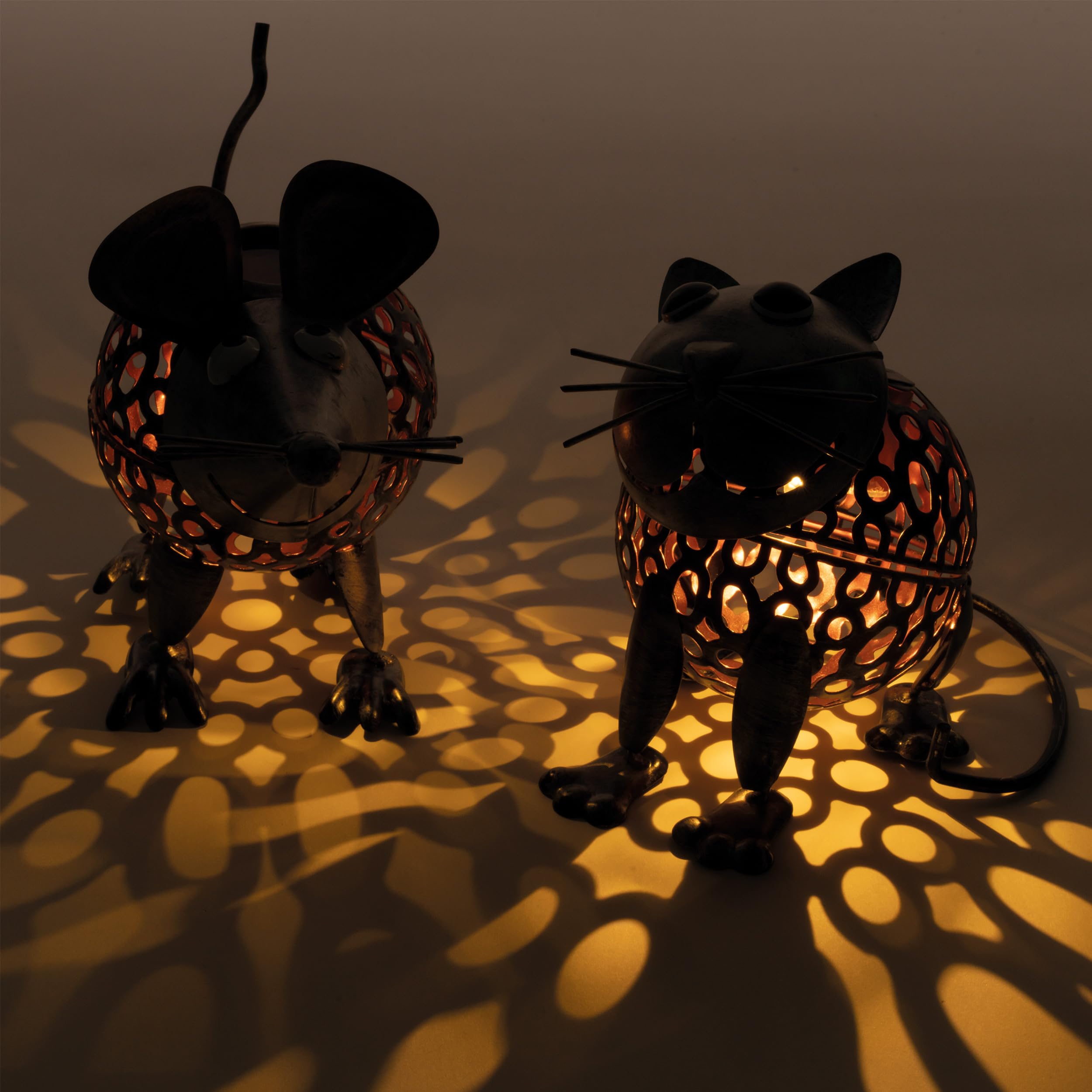 Esotec Solar Metall Figuren für den Garten Vogelpaar Katz & Maus, silberfarben, Akku, Solarmodul, LED Gartendekofigur 103100