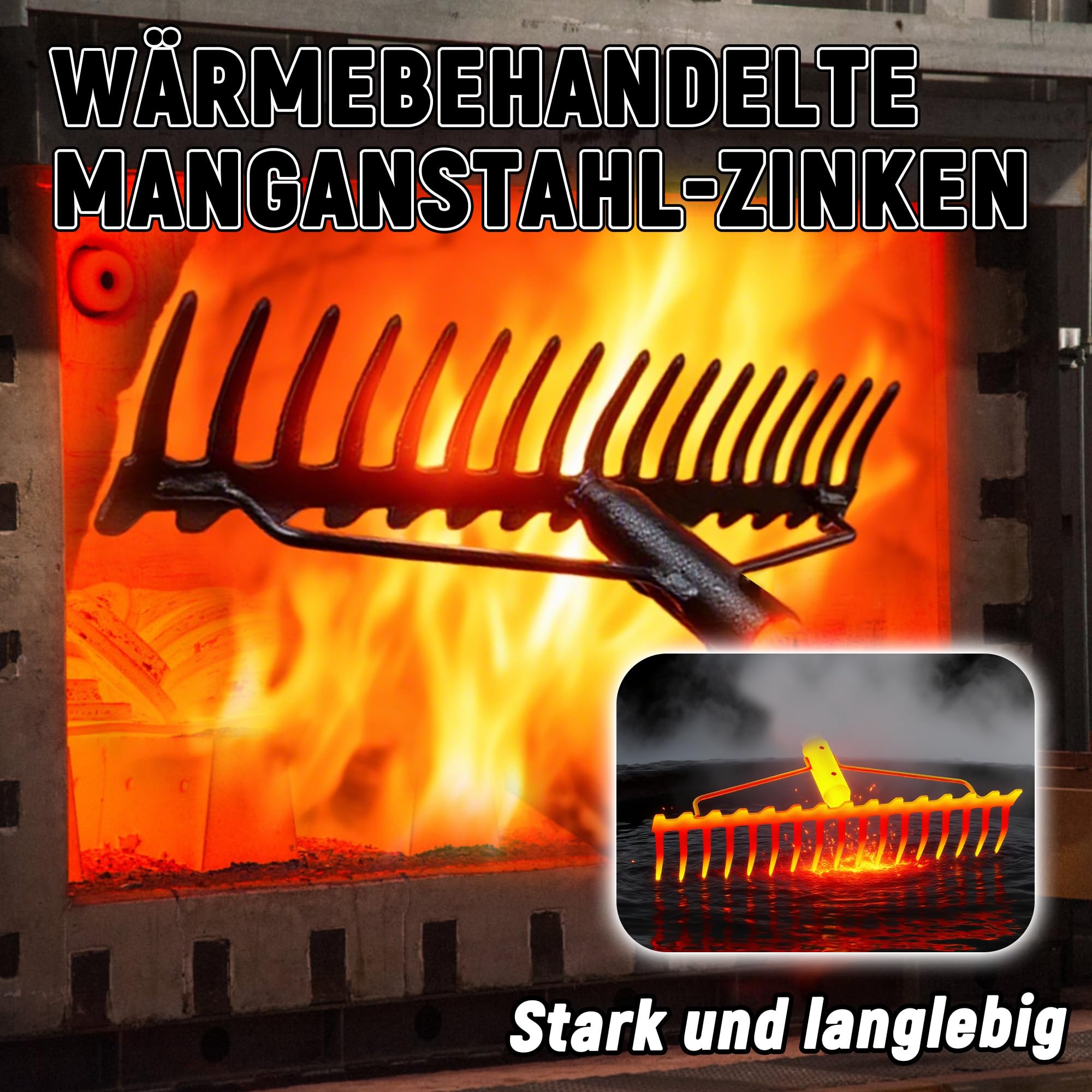 Gartenrechen, 1,7m Metallrechen mit 17 Stahlzinken, Harke mit Edelstahlgriff zum Lockern von Boden und Nivellieren von Rasen, Laubbesen, Rasenrechen, Heurechen für Rasen und Blätter