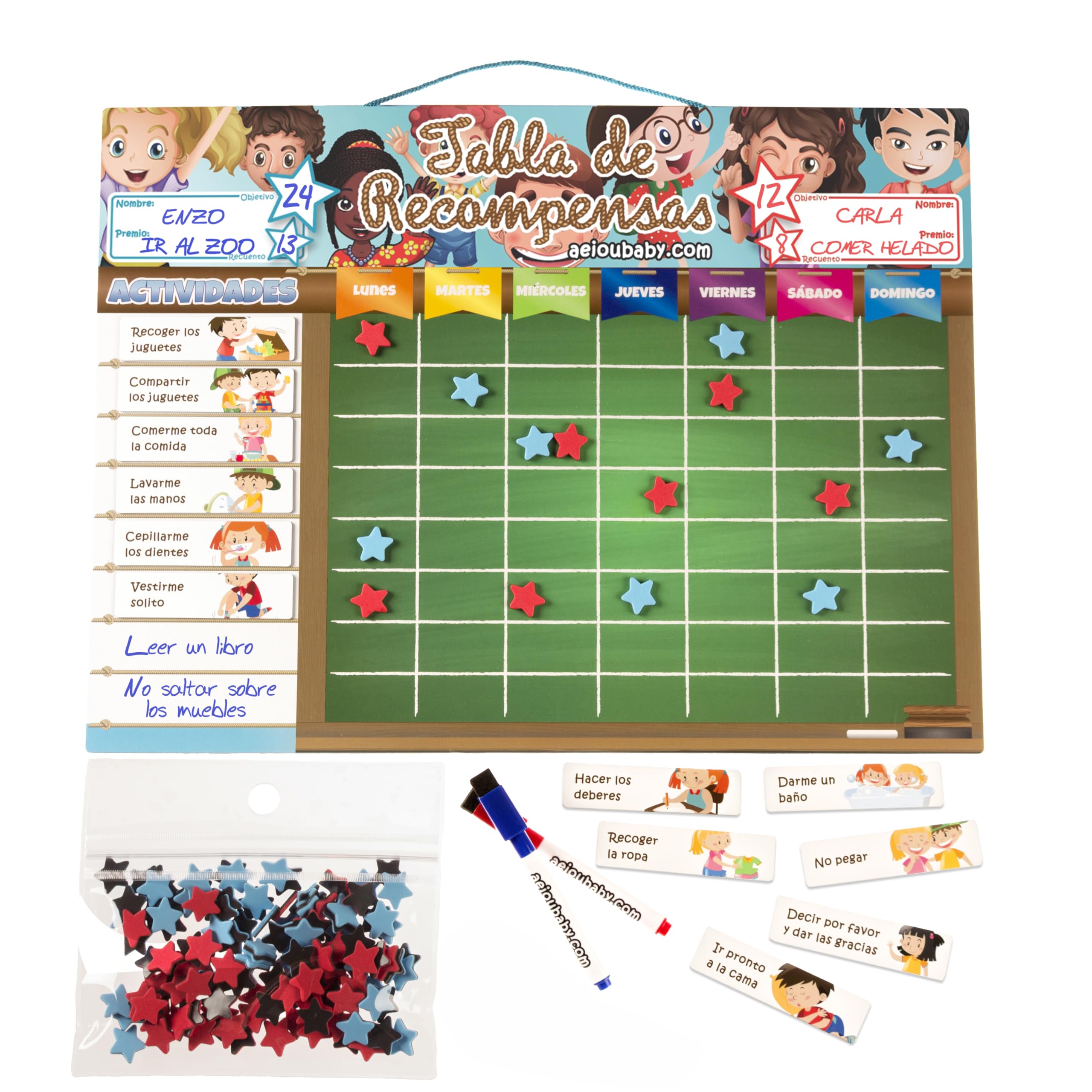 TABLEAU DES RESPONSABILITÉS Magnetique Large | Tableu de Recompense pour Mur ou Réfrigérateur 43x32cm, 22 Activités, 2 Marqueurs, 1 Globe | Présentation Boîte Cadeau enfants, anniversaires (Français)