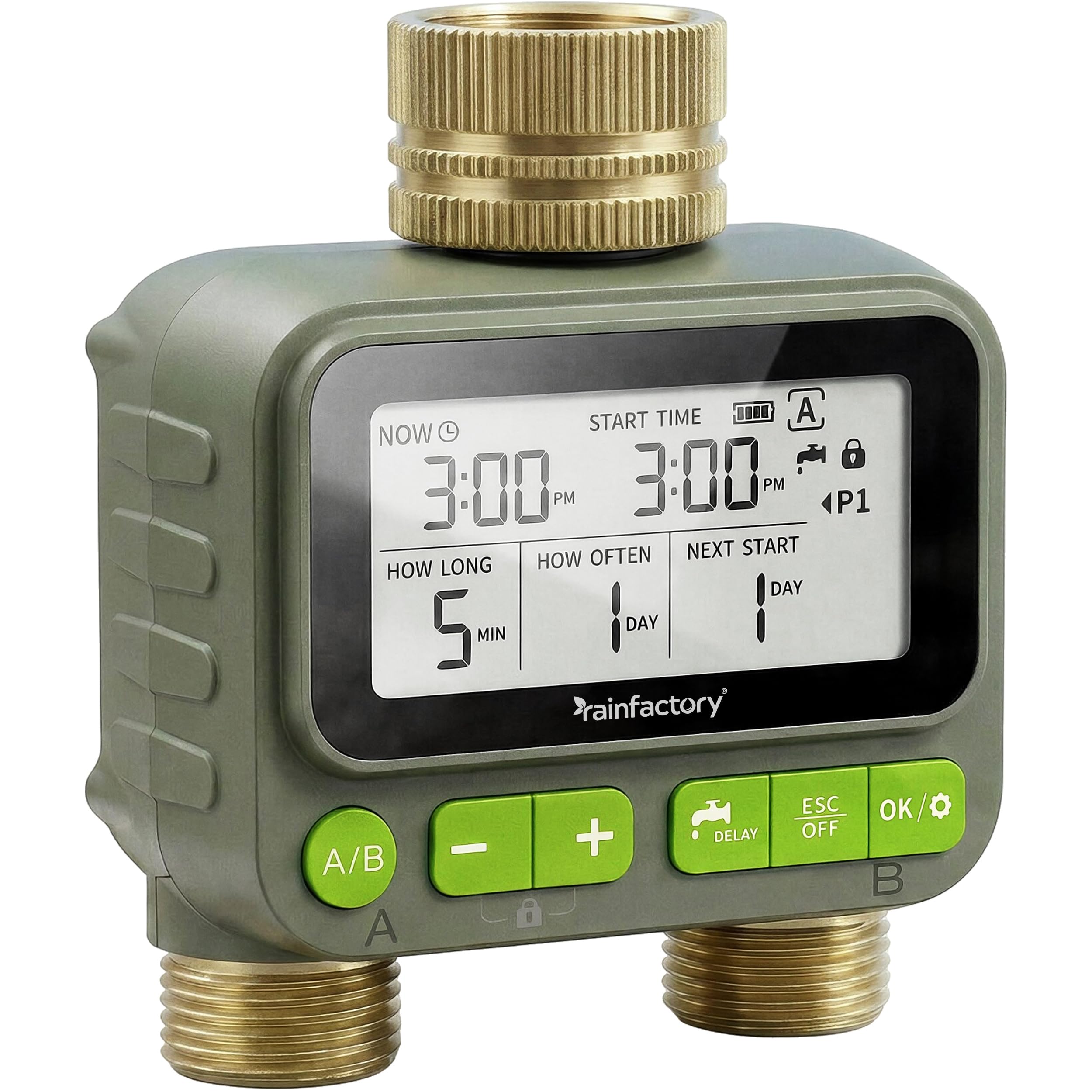 rainfactory - Programador de riego automático 2 Salidas, Temporizador riego a Pilas IP65 con Pantalla LCD, 4 programas, Manual, función delay, conexión ¾ para jardín, balcón, macetas y riego Goteo
