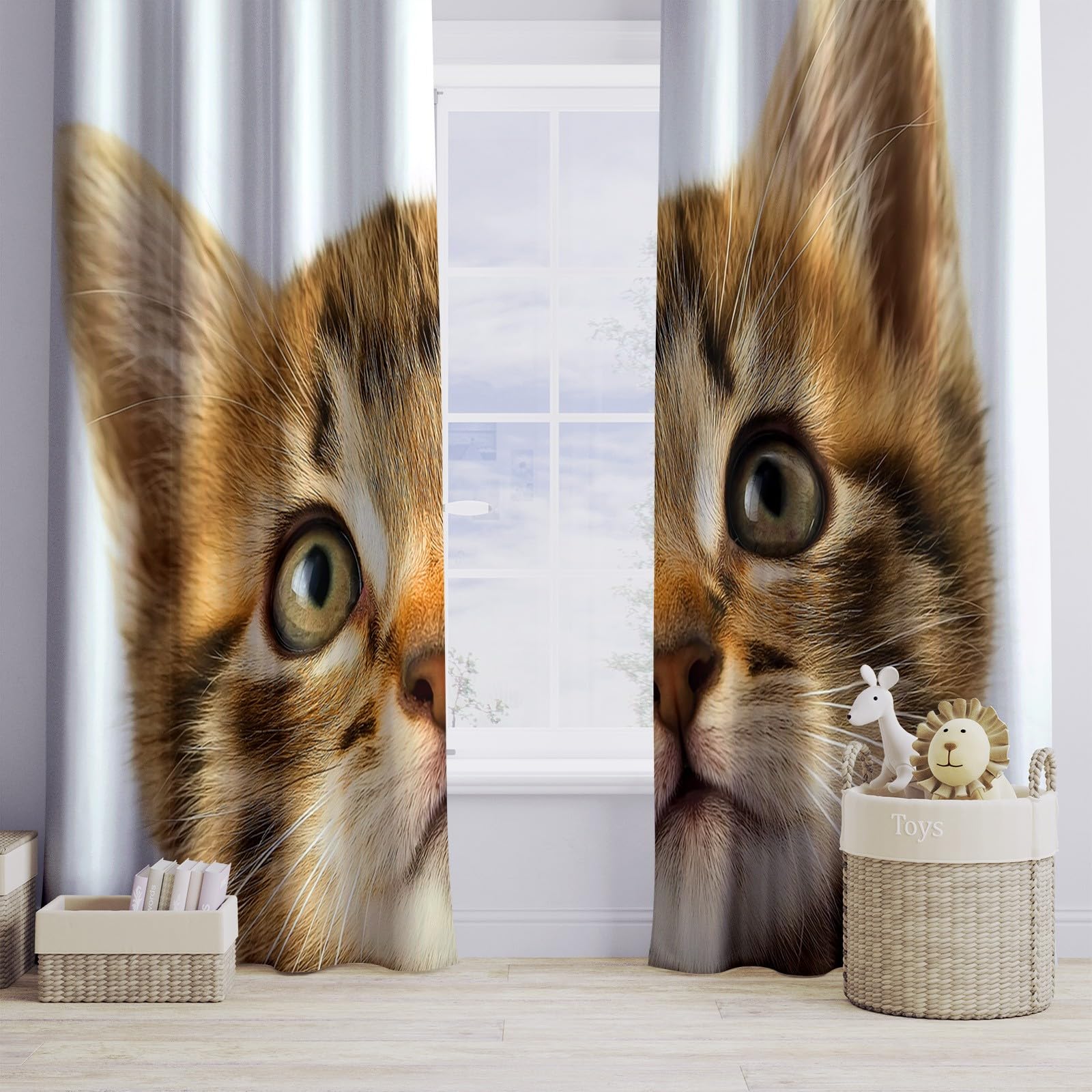 Tiere Katzen In Körben Fotografie Vorhänge 166 x 75 cm, Schlichter Stil Verdunkelungsvorhänge Ösenvorhänge Blickdicht Thermo Lärmschutz, Lichtundurchlässig für Kinderzimmer Schlafzimmer Deko, 2er Set
