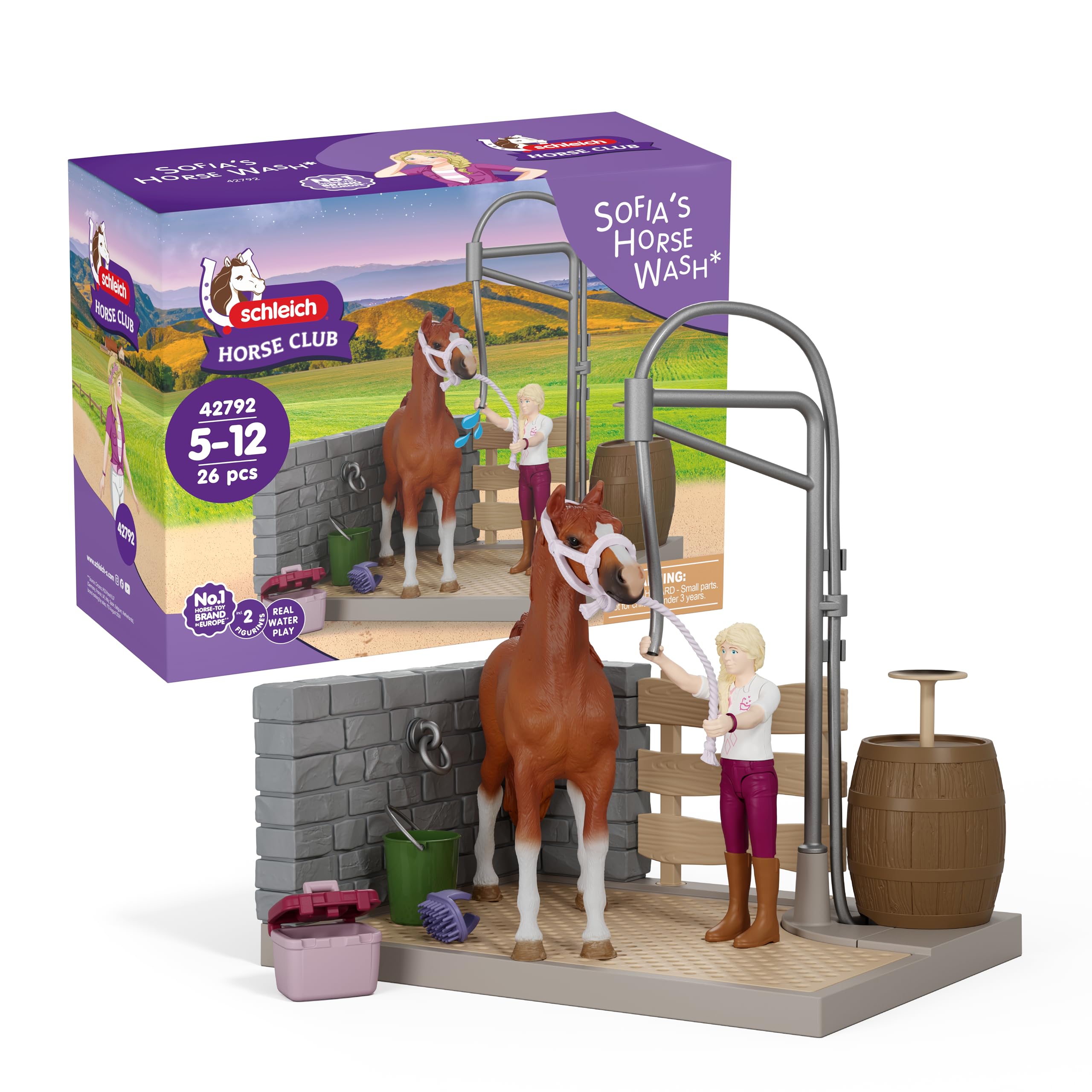 SCHLEICH Horse Club | Sofia’s Pferdewaschplatz 42792 | Spielset mit echtem Wasser, Pumpe, Pferd, beweglicher Figur & Zubehör | Pferdespielzeug & Geschenk für Mädchen und Jungen ab 5 Jahren | 26 Teile