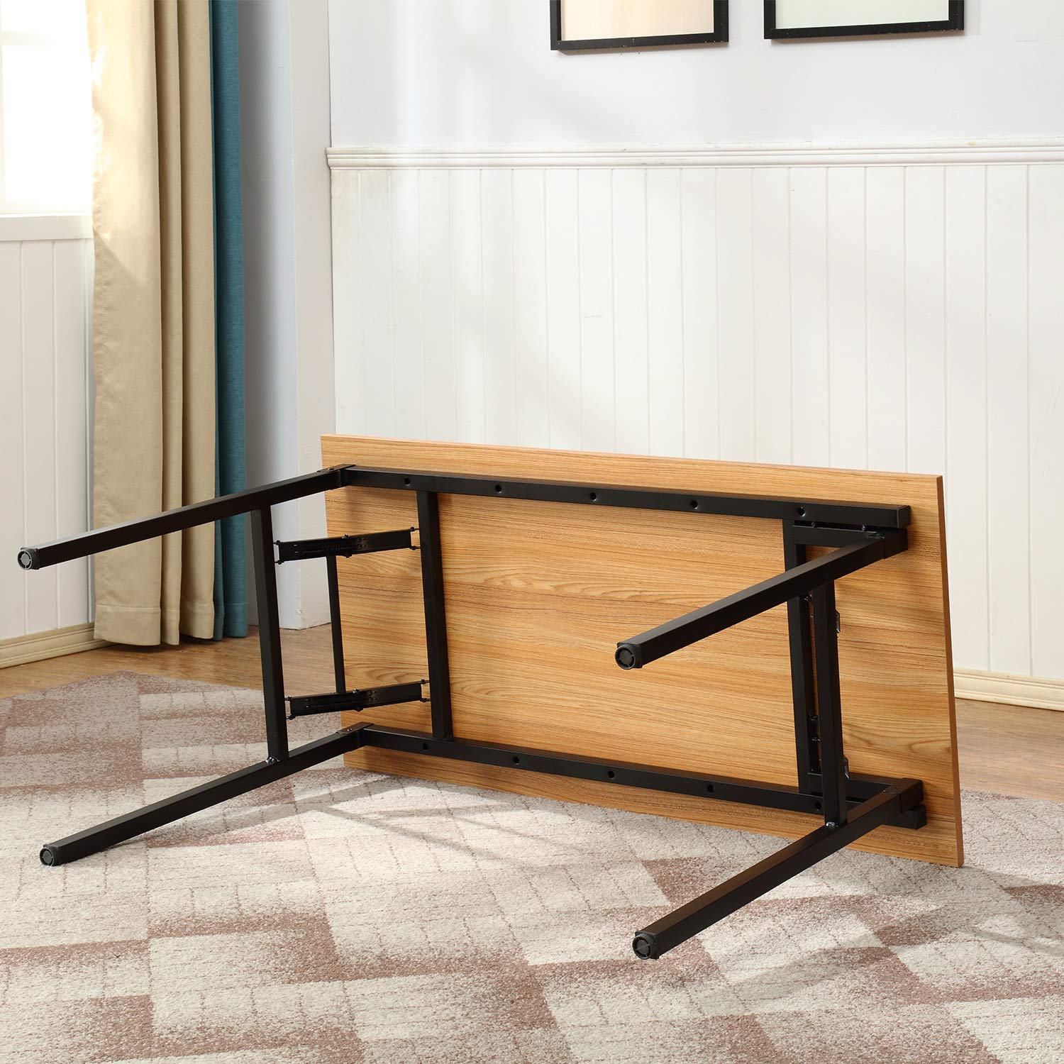 DlandHome Mesa Plegable Mesa de Ordenador Escritorio de Oficina 100x60cm Mesa de Estudio Puesto de Trabajo Mesas de Recepción Mesa de Formación,Teca/Negro