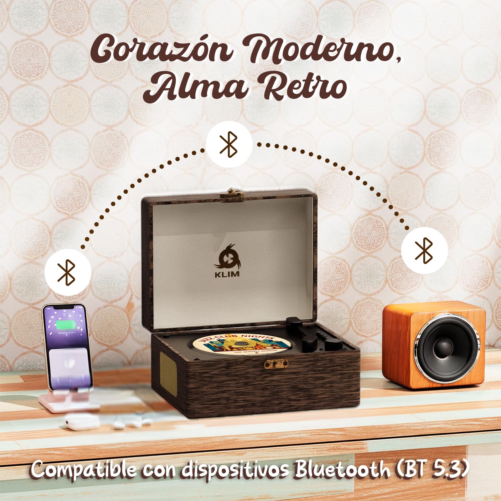 KLIM Retro CD Player – Reproductor CD portátil con Altavoces, Receptor Bluetooth, AUX, USB, Batería Recargable, Diseño Retro, Mini Cadena Compacta para Casa y Música – Madera