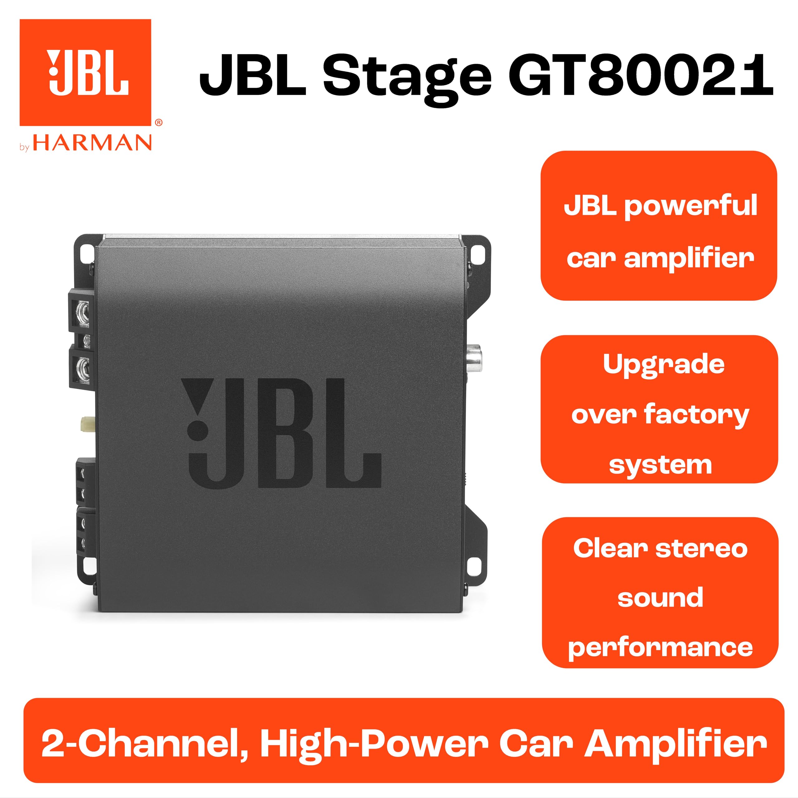 JBL Amplificateur Audio Stage GT 80021 - Compact et Puissant Ampli Voiture 2-Canaux Max 800W, 130W RMS x2 à 2 Ohm, Pour Haut-parleurs Avant ou Subwoofer Bridging, Protection Integrée
