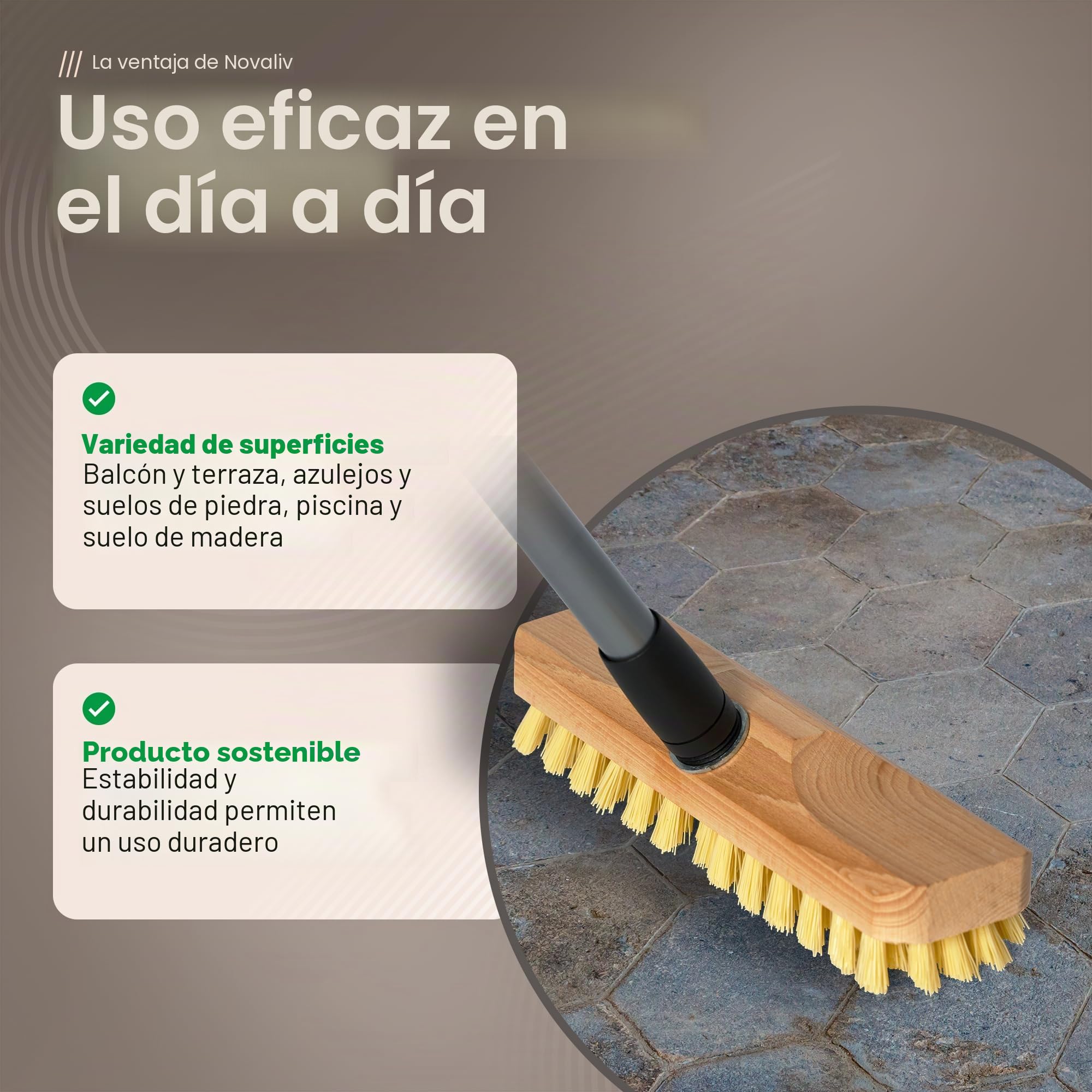 Estropajo de madera con cerdas | Limpiaparabrisas con rosca y mango telescópico | Cepillo PPN | Ideal para balcón, terraza, jardín, interior y exterior