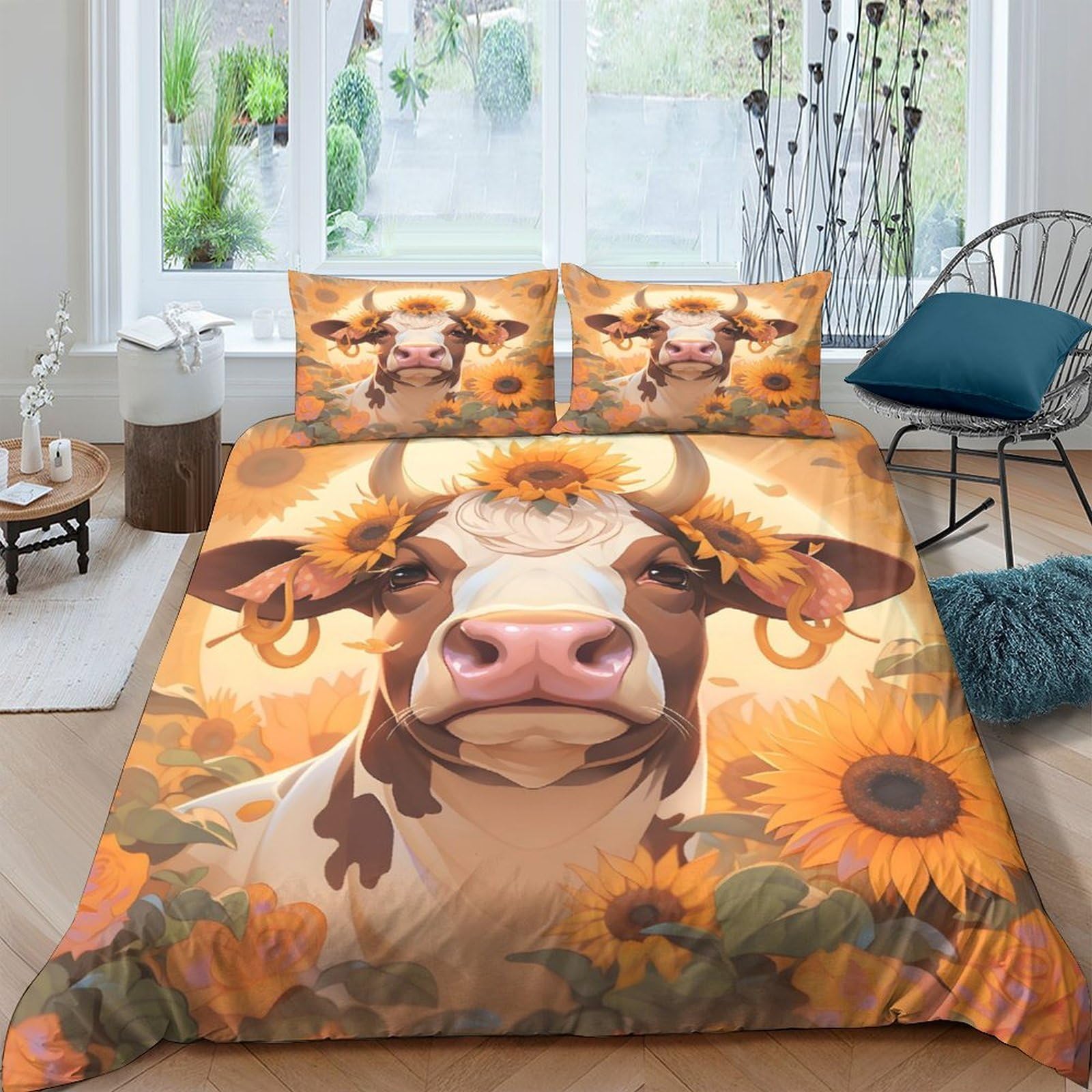 Ctjqhvkz Style-4 3D Printed Sunflower Cow Fitted Sheet Microfiber Soft Decorative Bed Cover For Bedroom Dorm Mattress Protection Single（135X200cm）
