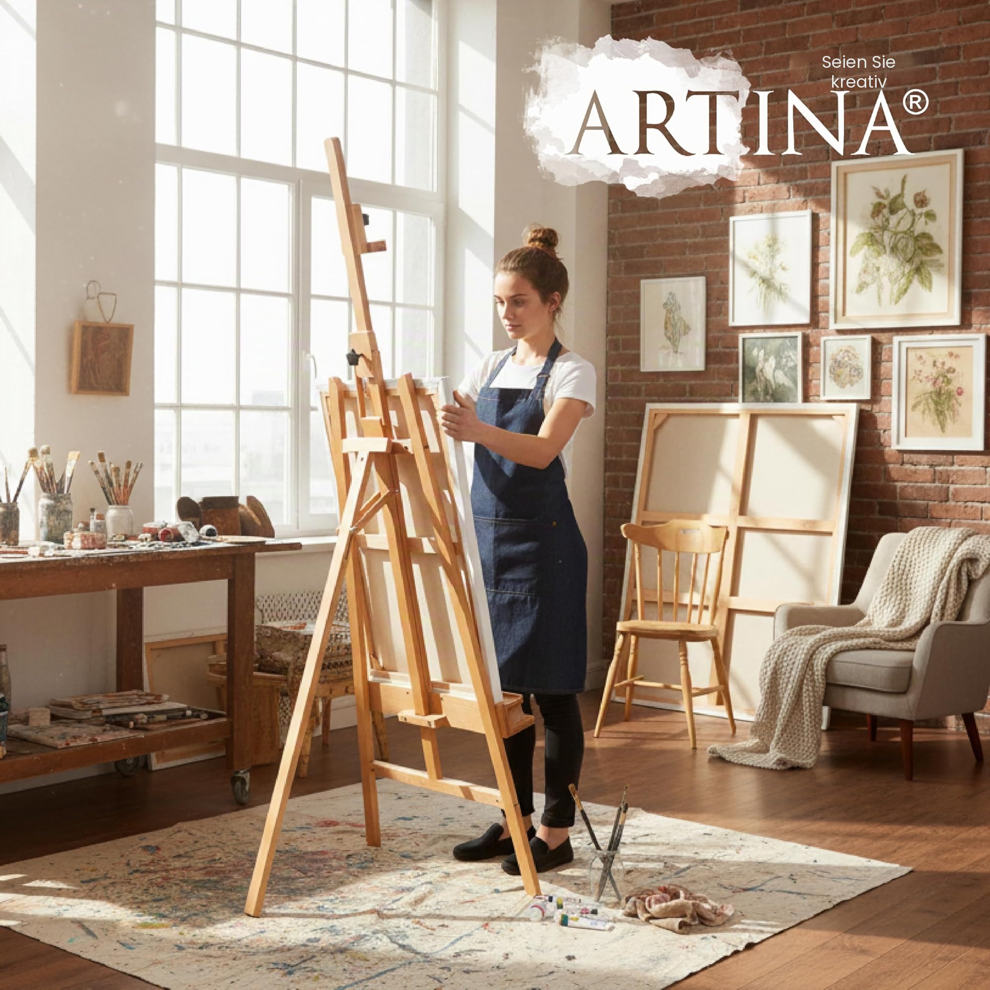 Artina Staffelei Holz Groß Barcelona – FSC® Holzstaffelei für Leinwände bis 120cm – 225cm höhe verstellbar Malstaffelei klappbar