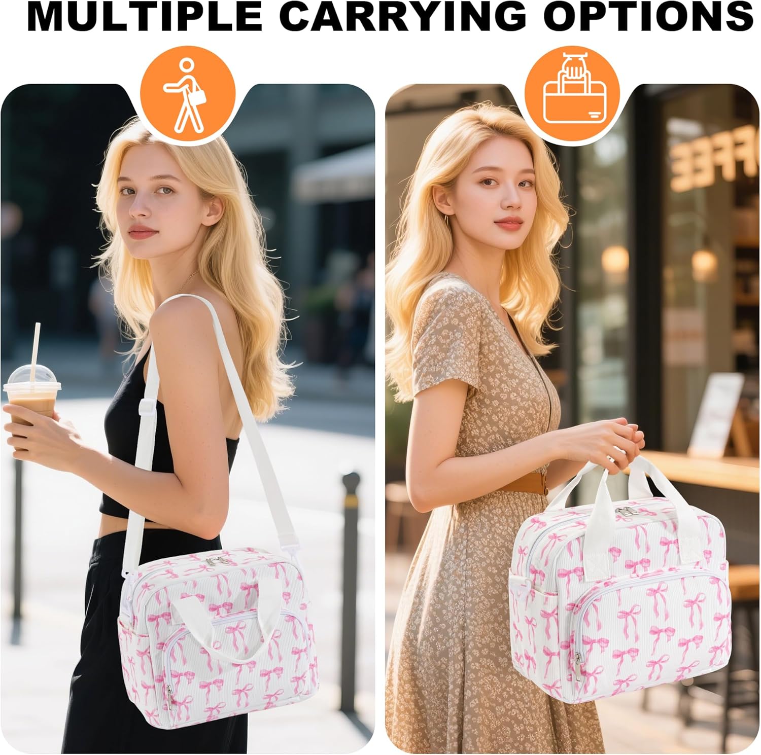 Large Lunch Bag for Women Insulated Lunch Box Reusable Cooler Bag Portable Cute Corduroy Leakproof Tote Bags for Travel, Work, and Picnic, Ribbon Bow