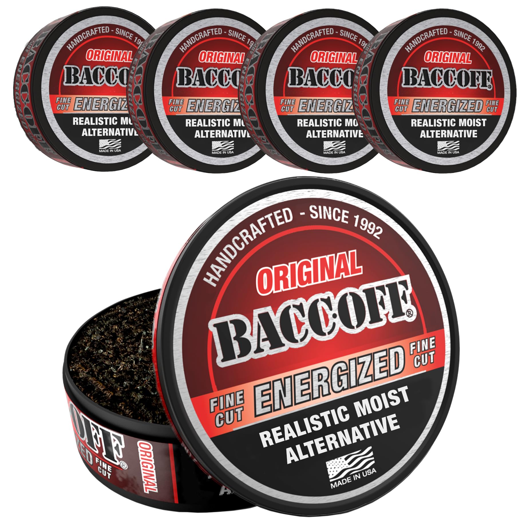 5 Cans, BaccOff Energized Original Fine Cut, Premium Tobacco Free, Nicotine Free Snuff Alternative