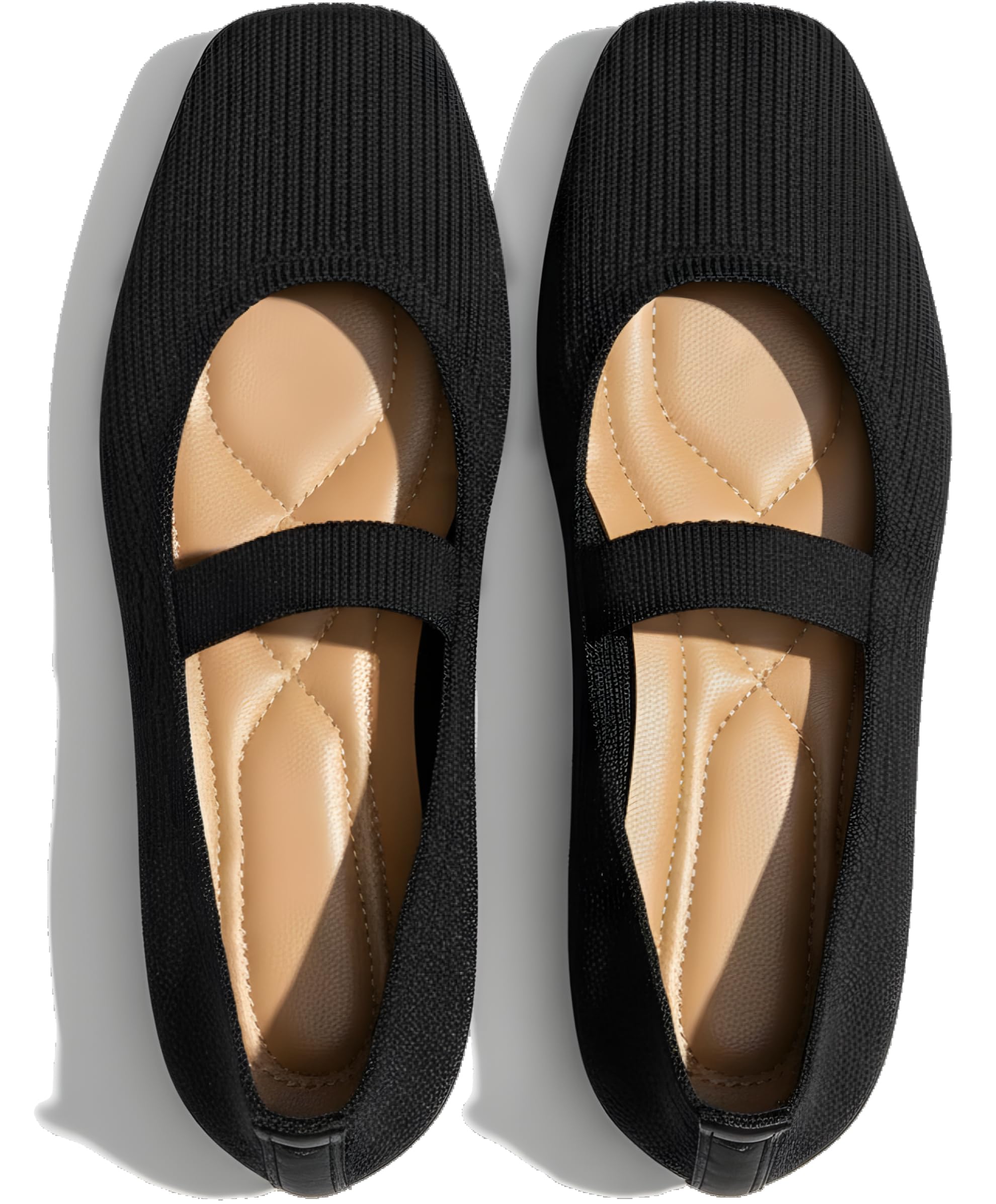 Mary Jane Flats Squire Toe, Knit Ballet Flats with Elastic Strap for Everyday Wear, Lightweight and Breathable, Avaliable in Black, Red, Cream, Brown