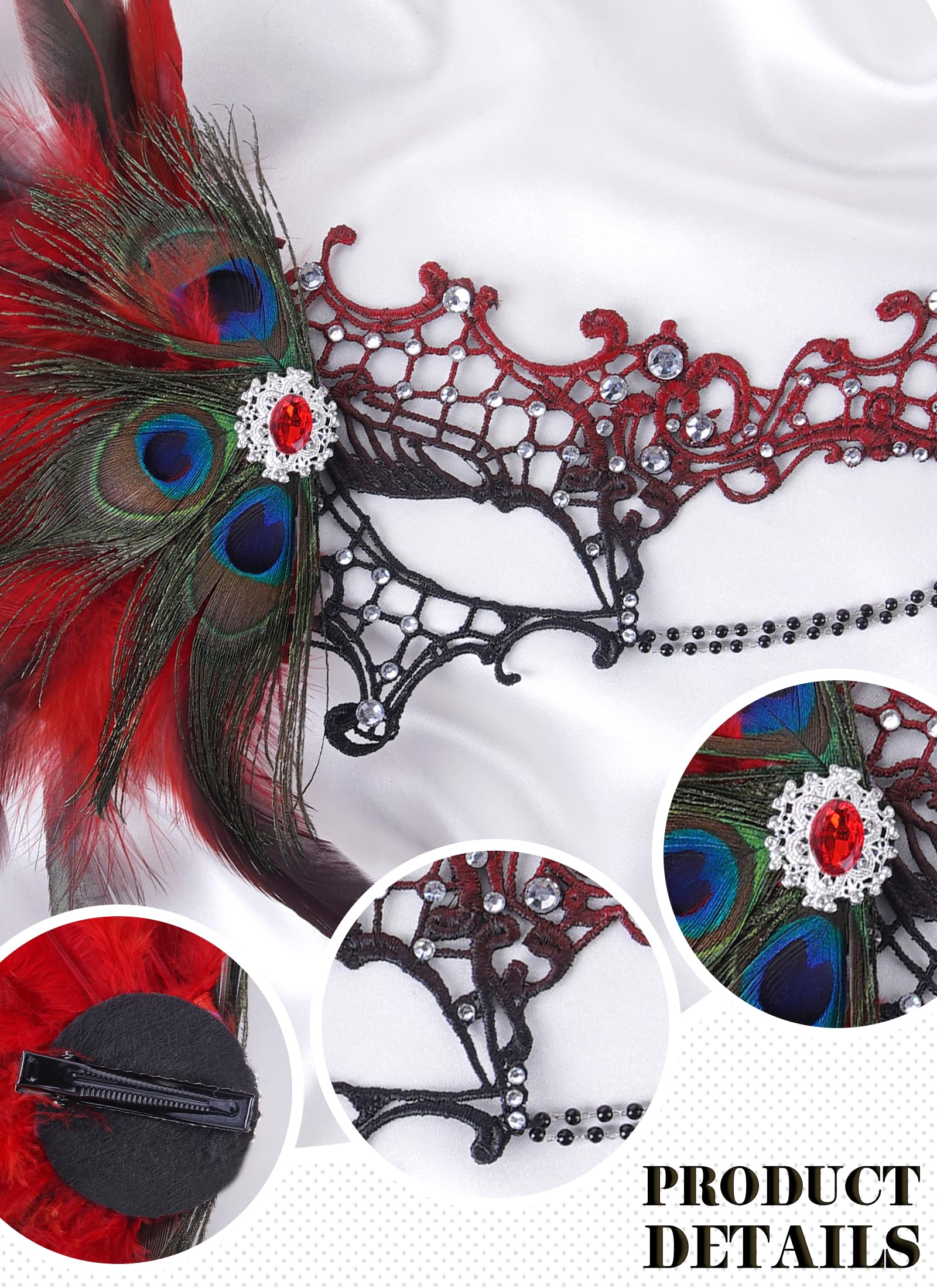 Zinniday Halloween Masquerade Masks for Women - 2026 Peacock Feather Lace Mask 1920s Venetian Eyemask for Party: Black Red