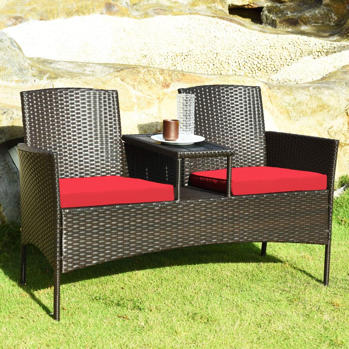Outdoor Love Seat, Wicker Patio Furniture Set Rattan Bench with Cushion & Built-in Plastic Table, Outdoor Conversation Set for Garden, Lawn, Backyard (Red)