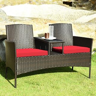 Outdoor Love Seat, Wicker Patio Furniture Set Rattan Bench with Cushion & Built-in Plastic Table, Outdoor Conversation Set for Garden, Lawn, Backyard (Red)