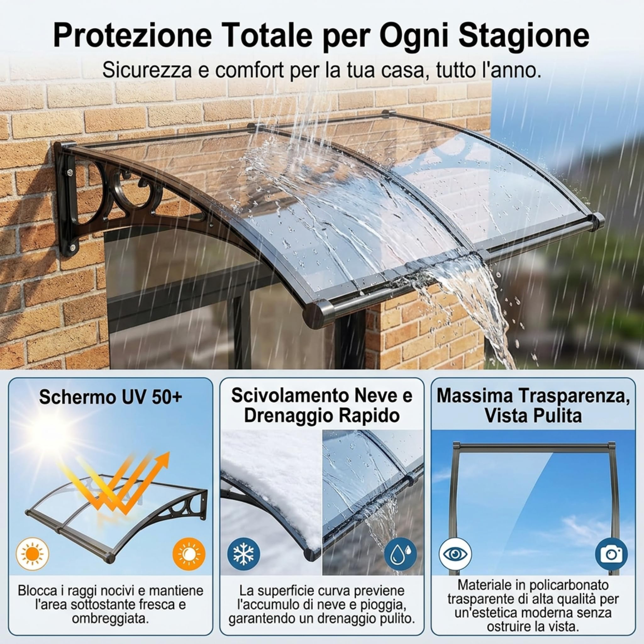 120x200cm pensilina da esterno【ERRTSDB tettoia, Grigio Argento+Verde】Protezione UV, Pioggia, Modulare con Groove di Scarico per Porte Balcone Finestre Elegante E Resistente