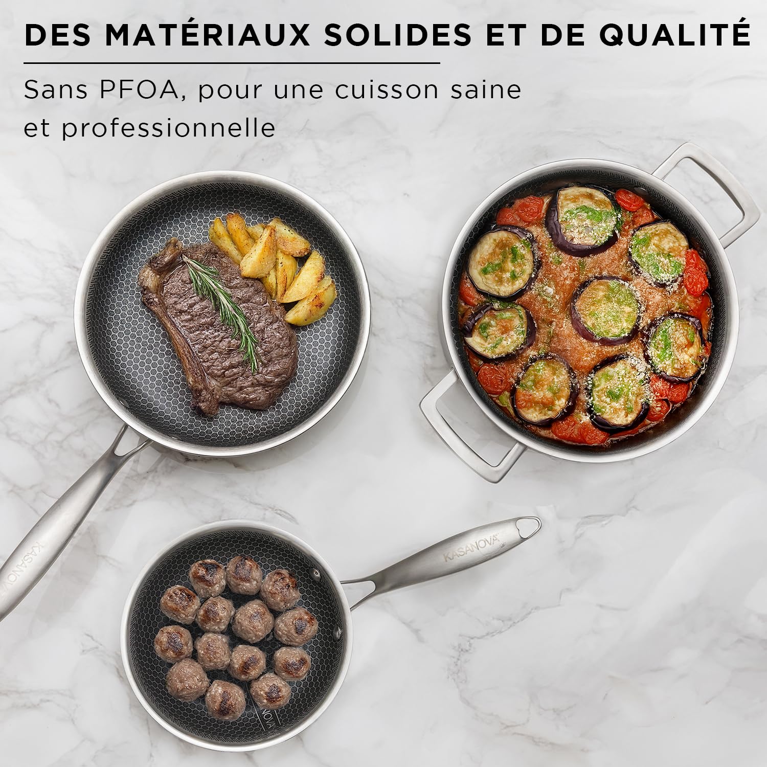 KASANOVA Batterie de cuisine Tri-ply, Ensemble de casseroles et poêles en acier inoxydable à trois couches, Casseroles antiadhésives compatibles avec tous types de plaques de cuisson (5 pièces)