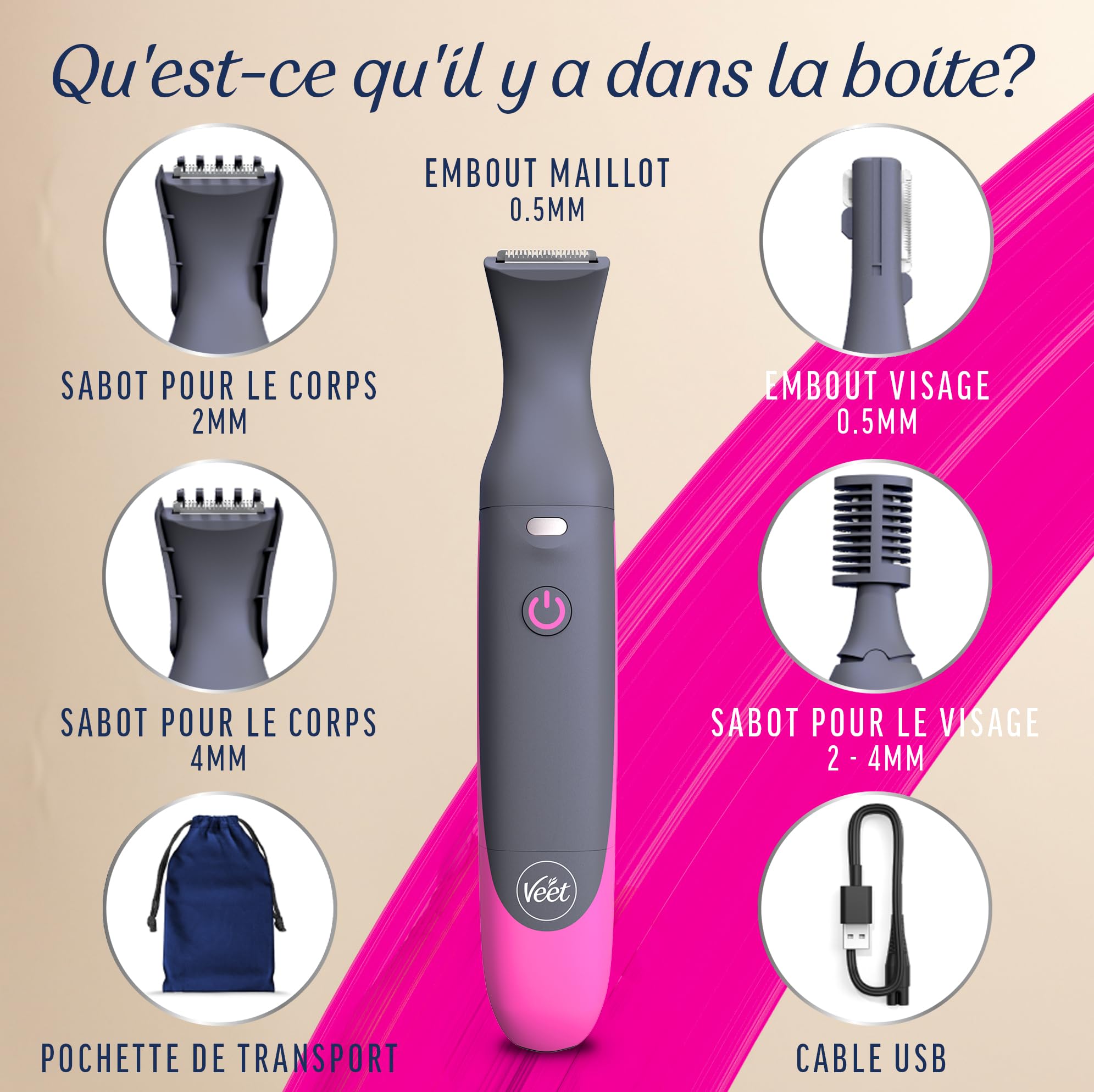 Veet Expert Tondeuse Femme Tout-En-Un – Rasoir électrique Multi-Usage pour Maillot, Visage et Sourcils – Chargeur USB – 100% étanche (IP67)