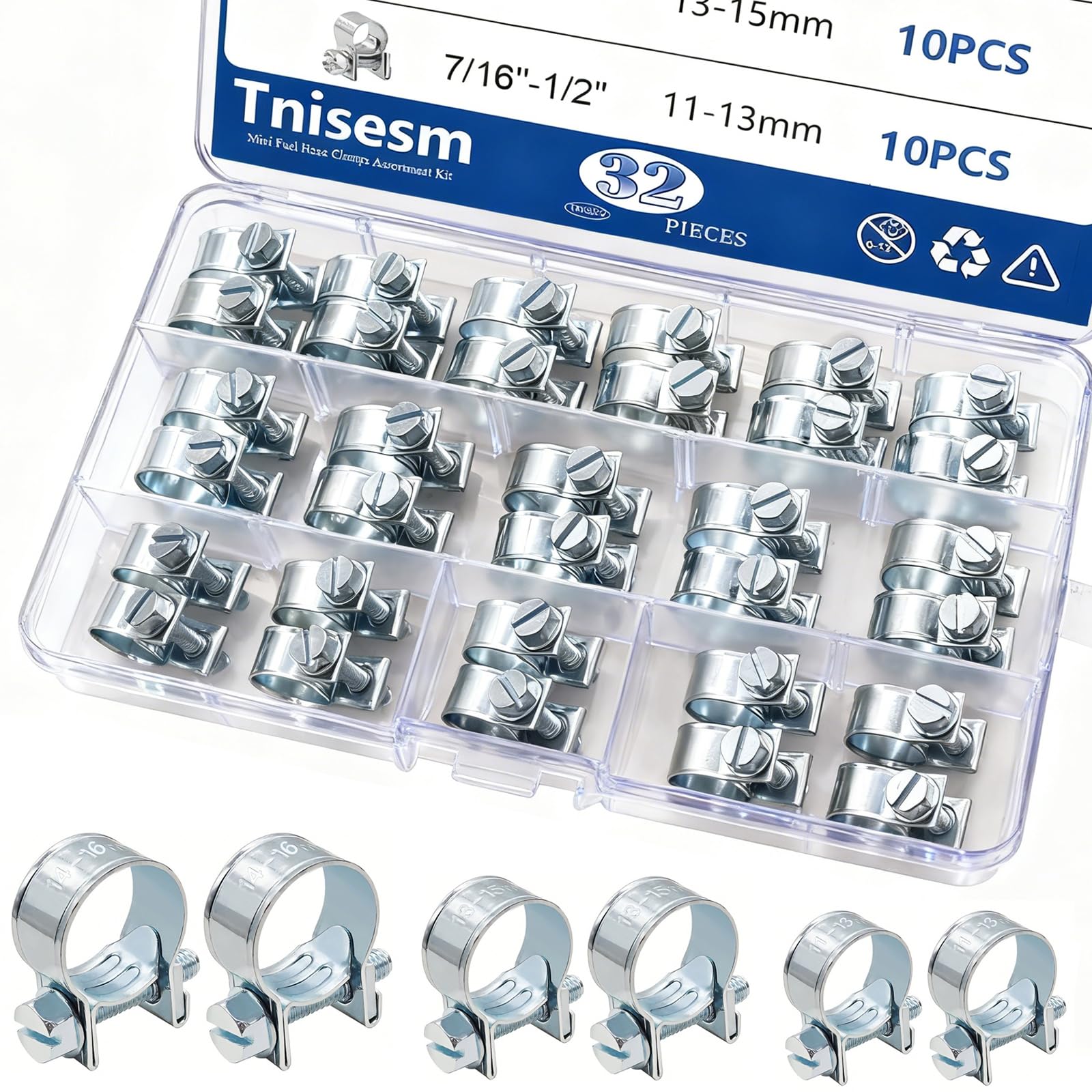 Tnisesm 32Pcs 1/4" 5/16" 3/8" Fuel Injection Gas Line Hose Clamps Clip Pipe Clamp Assortment Kit, Hoses Clamps Sleeving,for Automotive Diesel Petrol Pipe