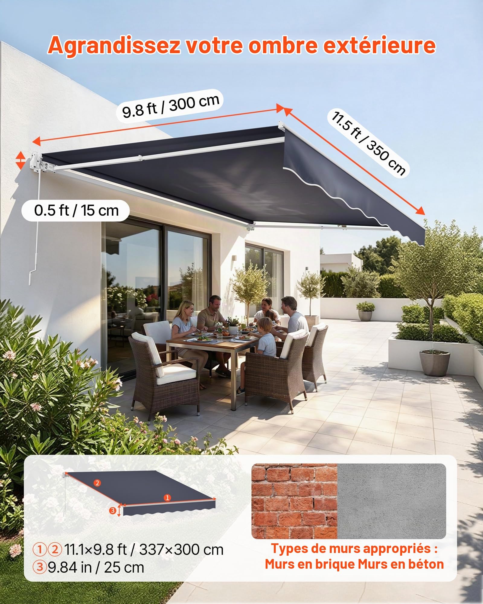 VEVOR Store Banne Manuel 350x300 cm Auvent Rétractable pour Terrasse et Balcon, Extérieur, Devantures de Cafés, de Restaurants, de Boutiques, avec Manivelle, Angle d'Inclinaison 45°-85°, Gris Foncé