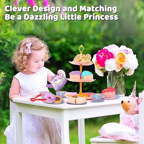 Vista 6 de Juego de 55 piezas de fiesta de té para niñas pequeñas, juego de fiesta de té de princesa, juego de té de lata de unicornio para niños, juguete