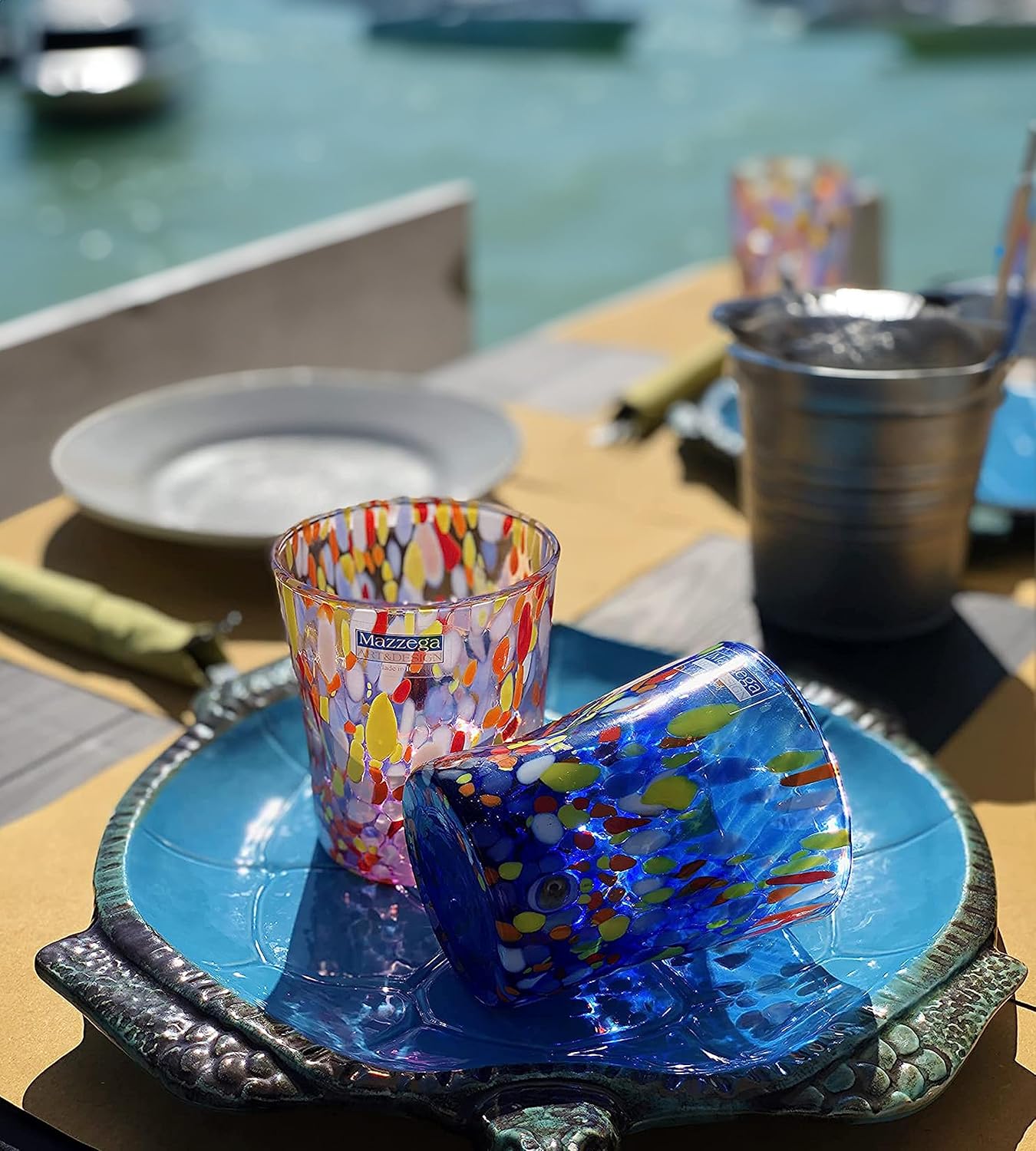 MAZZEGA ART & DESIGN - Set of 6 Handblown and Handcrafted Tumbler Glasses with Refined and Original Murano Murrines - The Colors of Murano - Tumbler 10 oz Made in Italy (6, Blue) - Delivery Duty Paid