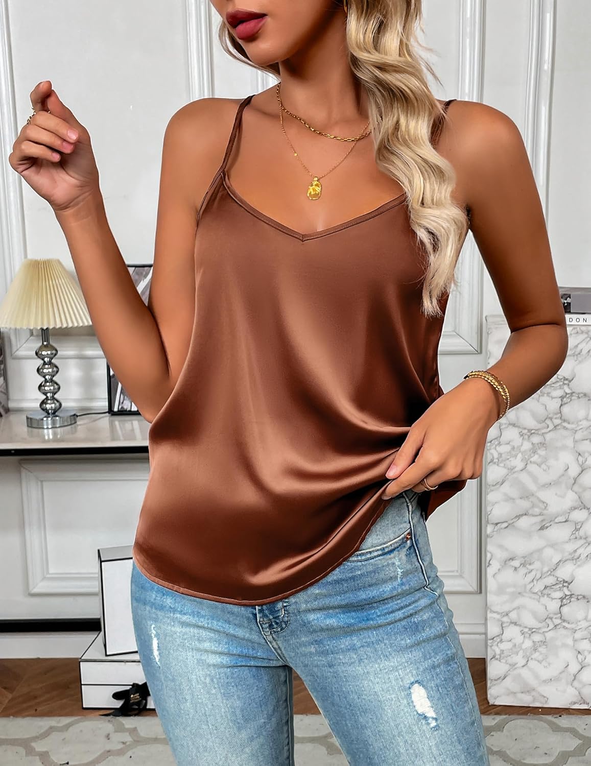 Zeagoo Women's Silk Satin Tank Tops 2026 V Neck Adjustable Spaghetti Strap Sleeveless Camisole Summer Basic Blouse - Image 2