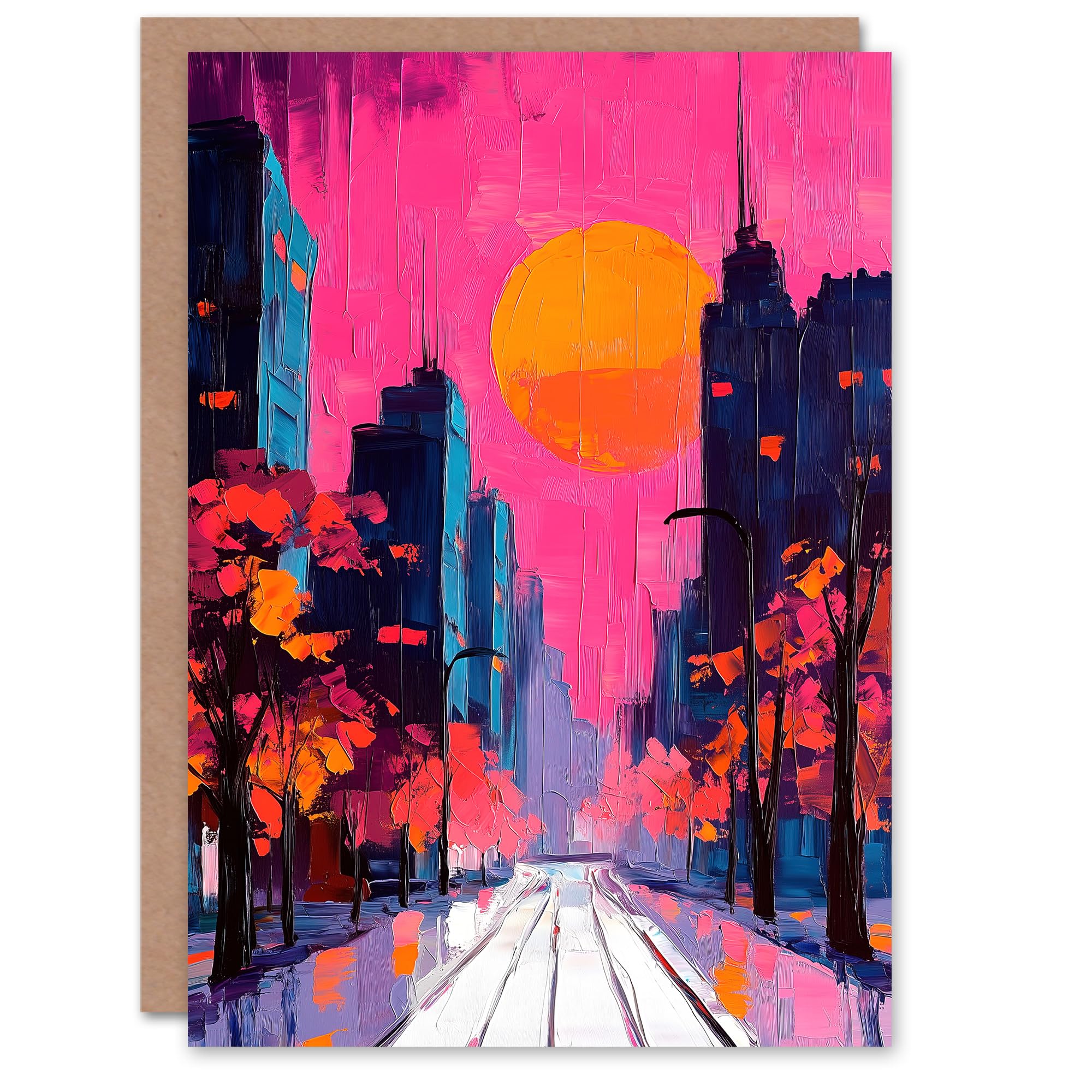 Artery8 Greeting Card City Street Autumn Pink Sunset Sky Cityscape Blank For Him Or Her Art Birthday Card