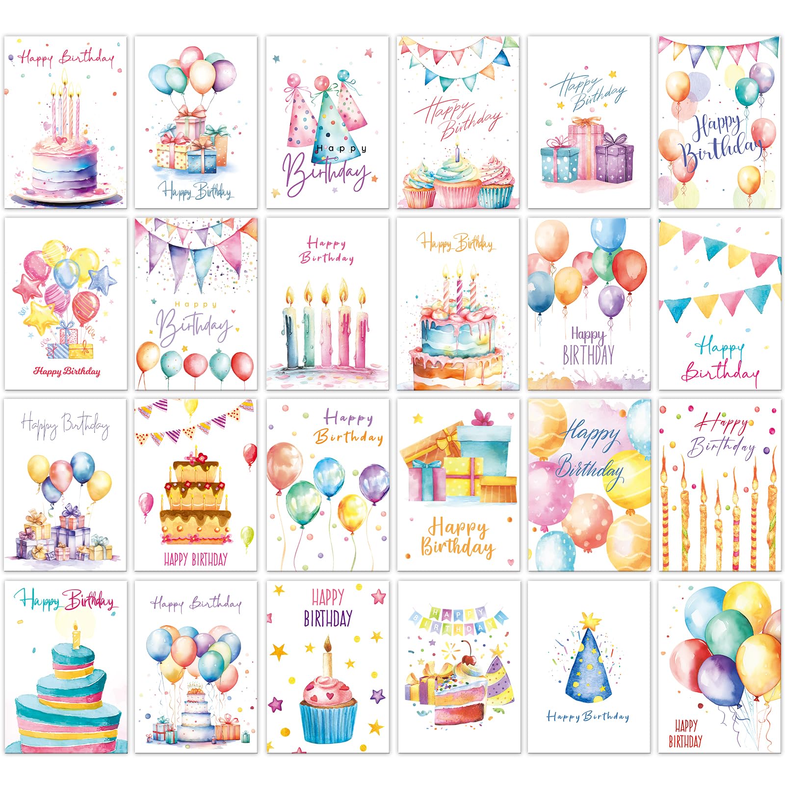 YianHien Birthday Cards, 24 Unique Watercolour Birthday Cards Multipack with Kraft Envelopes & Sealing Stickers, Happy Birthday Card Pack for Women Men Kids