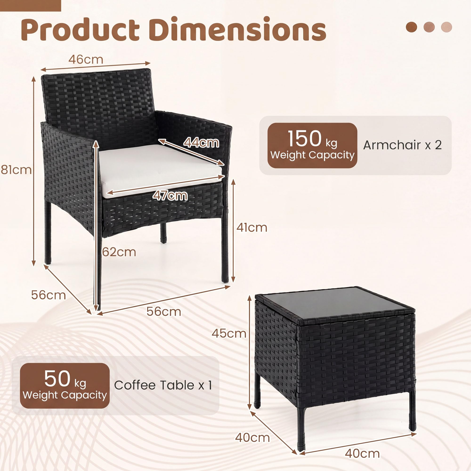 LIFEZEAL - Juego de muebles de jardín de ratán de 2 plazas, salón de jardín al aire libre con 2 sillones, cojines extraíbles, mesa baja de cristal templado para terraza, patio (beige)