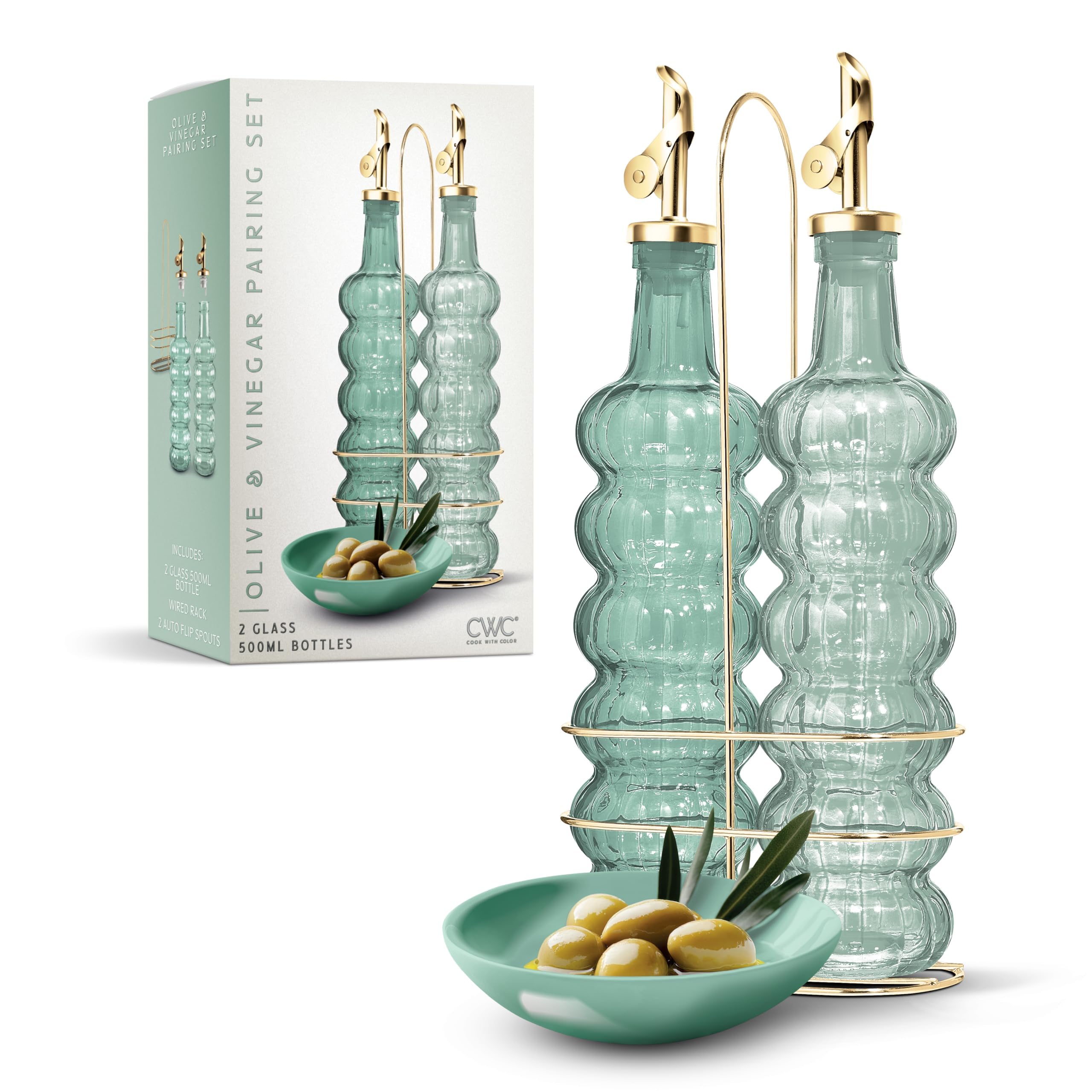 Cook With Color Green Glass Olive Oil Bottle Dispenser - 2 Pack- 17Oz Oil And Vinegar Cruet - Olive Oil Carafe Decanter For Kitchen
