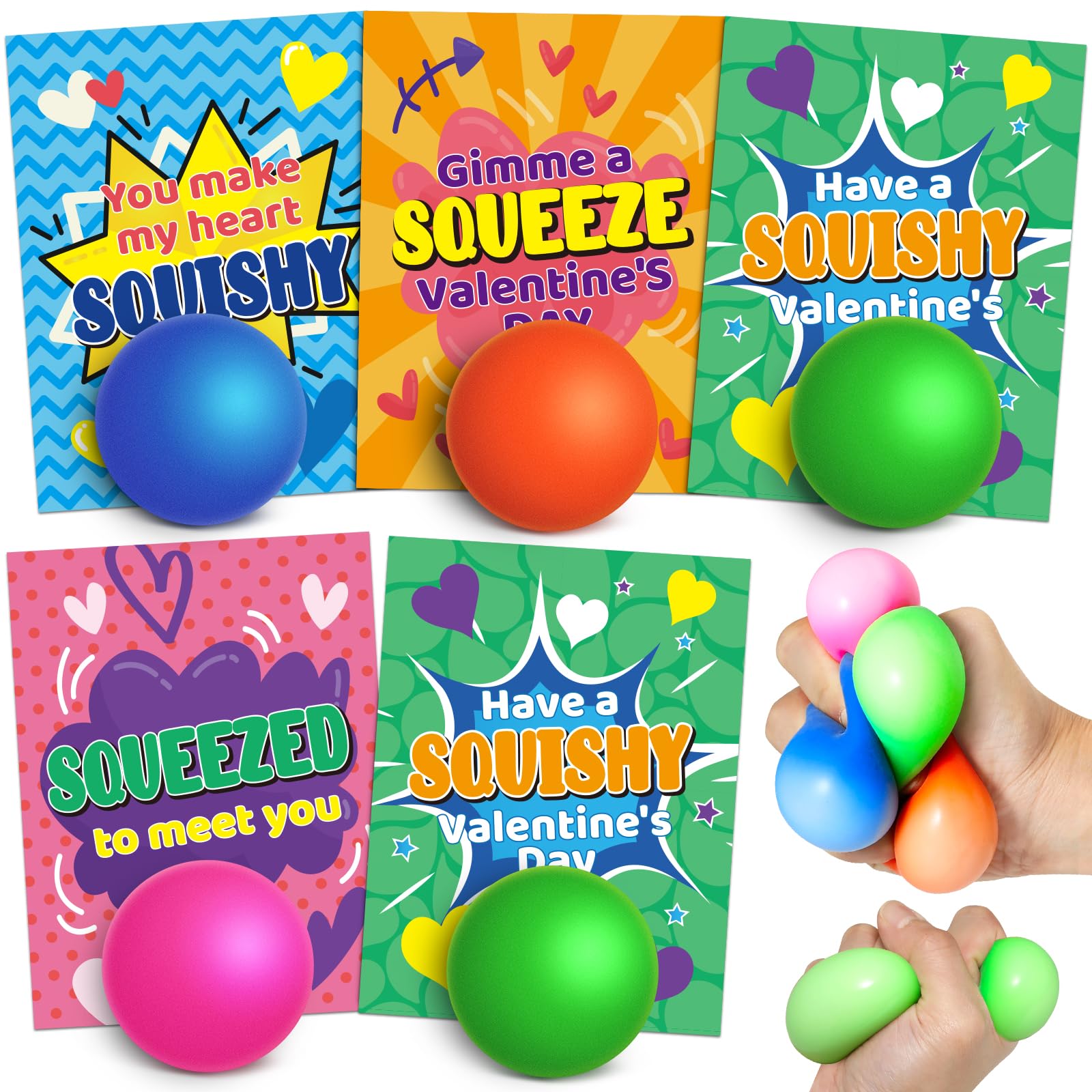 28PCS Valentines' Day Gift Cards for Kids Classroom School Exchange, Bulk Valentines' Cards with Small Ball, Valentines' Small Relief Squeeze Toys for