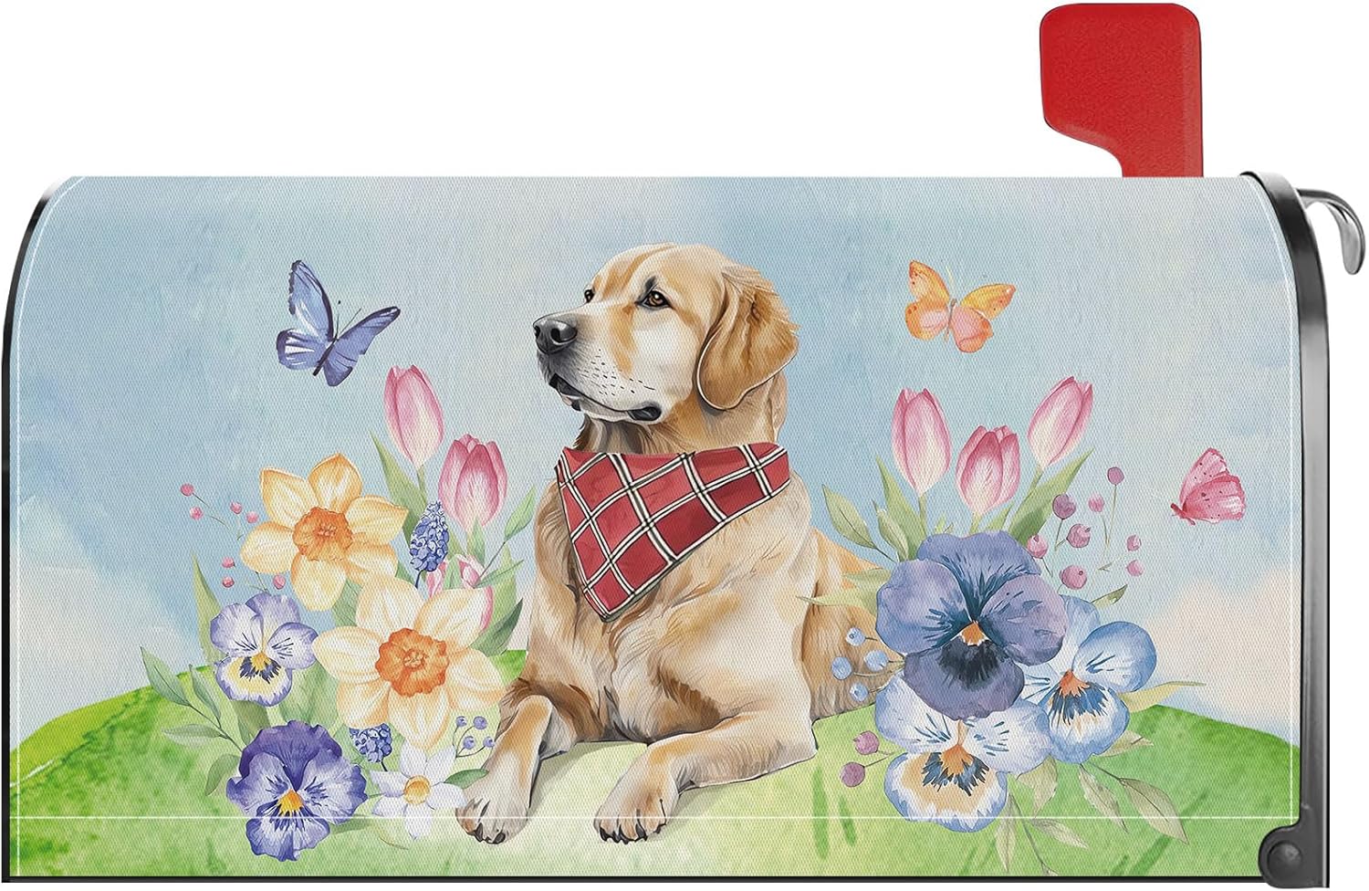 Spring Golden Retriever Dog Floral Mailbox Cover Magnetic Standard Size 21x18 Inch Holiday Decorative Post Letter Box Wrap Decor Garden Yard Decoration
