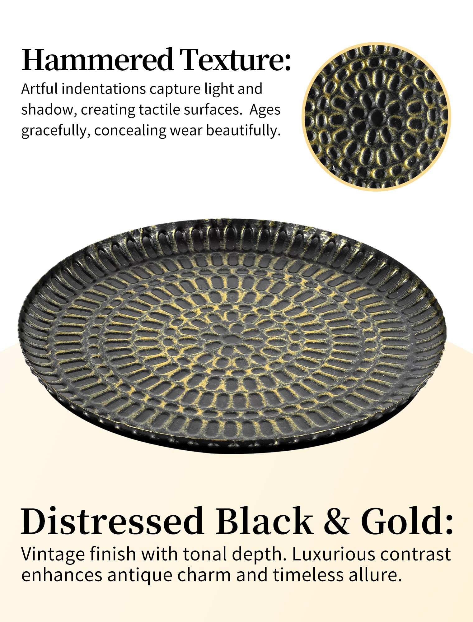 Romadedi Deko Tablett Schwarz Gold: Metall Hammered Dekotablett Rund Kerzentablett für Wohnzimmer Esstisch Tischdeko Dekorative Teller Kerzenteller für Kerzen Decoration,30cm