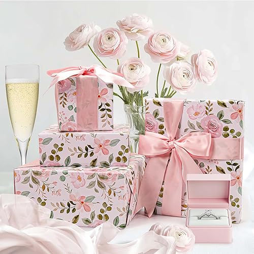 Miniatura 3 de BIOBROWN Rollo de papel de regalo floral reversible  17 pulgadas x 33 pies (47 pies cuadrados total) con diseño de rosas de acuarela rosa para