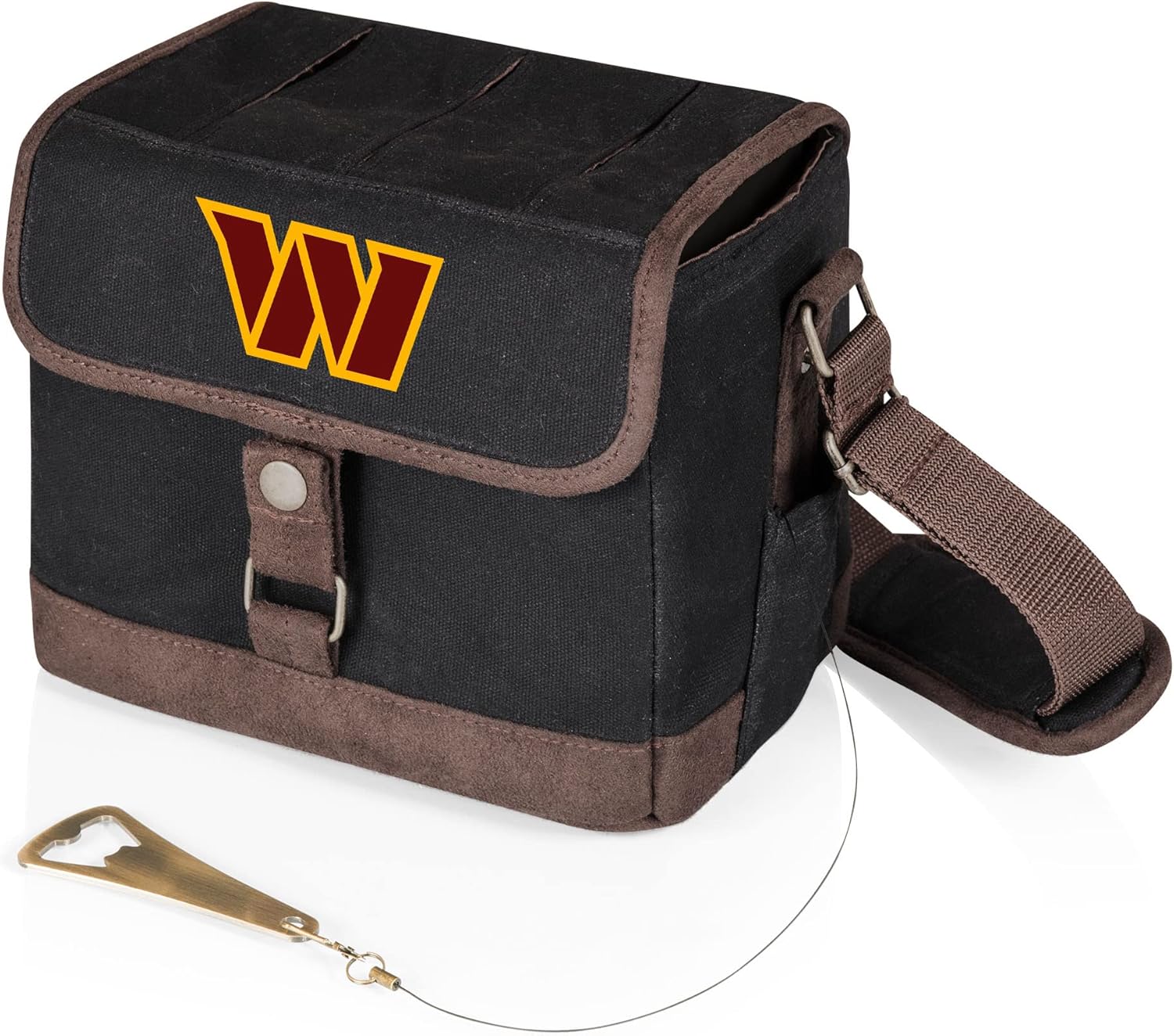 PICNIC TIME NFL Washington Commanders Beer Caddy, Beer Cooler Tote with Opener, 6-Pack Cooler, Gifts for Beer Lovers, (Black with Brown Accents)