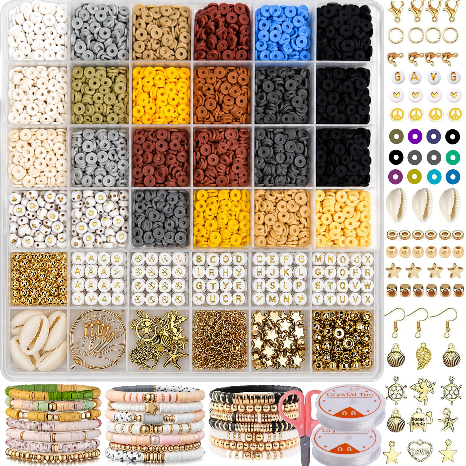 4700+ Pcs Boho Clay Beads Jewelry Making Kit, Taupe Color Polymer Clay Beads with Letter Beads, Shell Pendants & Earring Findings, DIY Bracelet Necklace Earring Set for Teen Girls Adults