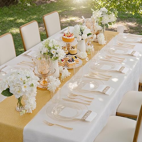 Miniatura 4 de Supernal 400 vajillas de plástico con purpurina dorada, platos desechables para fiestas incluyen 50 platos de plástico dorados, 50 platos de postre