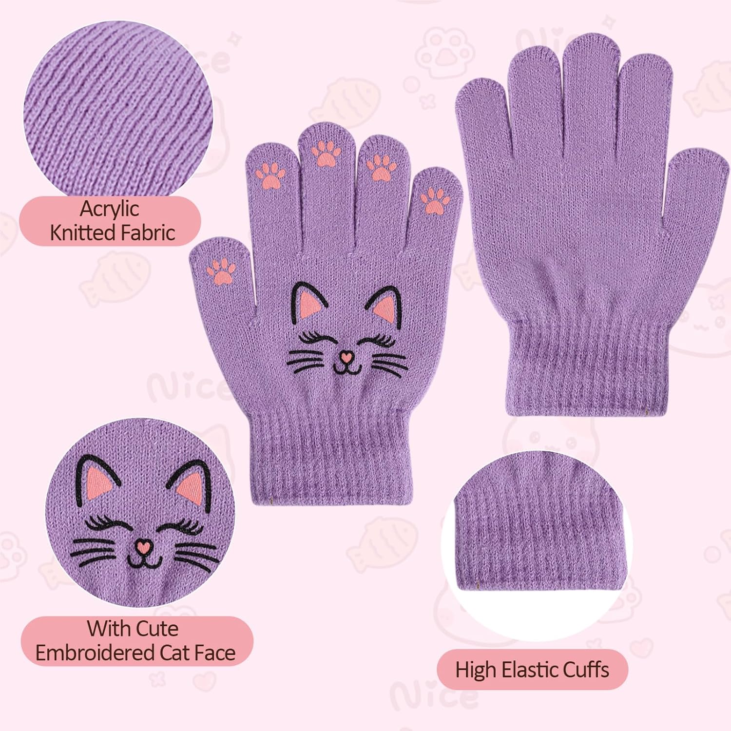 Cat Embroidered Girls Beanie Hat and Gloves Set Kids Knitted Hat Unisex Skull Cuffed Skiing Caps Hats 3-12 Years - Image 6