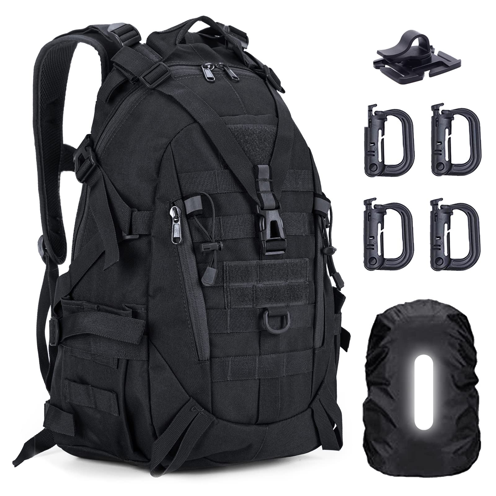 sac a dos tactique commando militaire homme et femme crossfit outdoor randonnée trekking survie moto bug out bag avec 4 boucles en forme de D et housse de pluie (Noire)