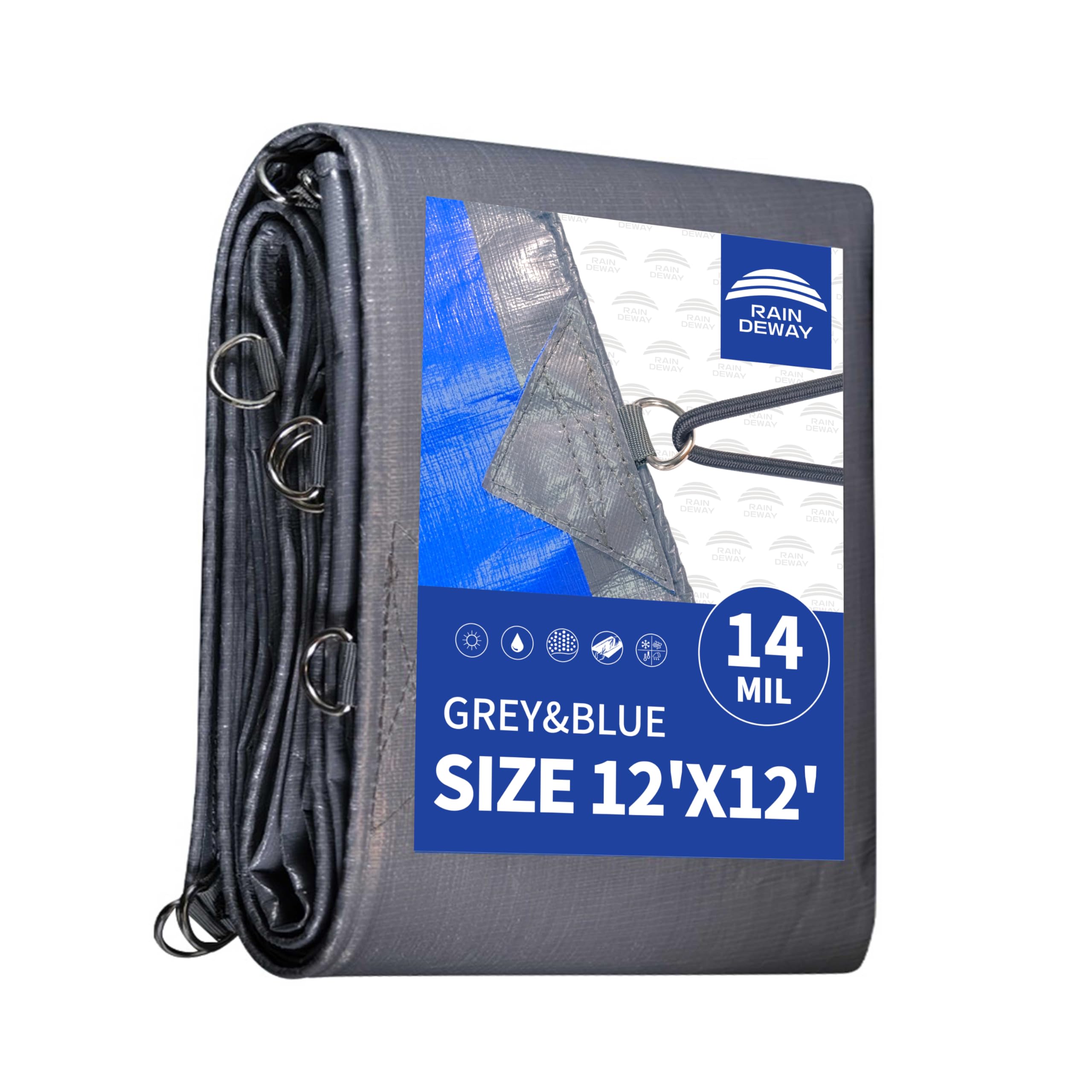 RAINDEWAY Tarps Heavy Duty Waterproof 12x12 Feet -14 Mils Super Heavy Duty Tarp with Metal Rings and Reinforced Corners and Edges, UV Resistant,