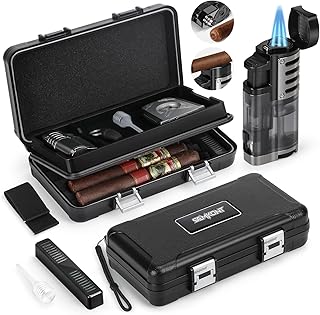 Cigar Humidor, Portable Travel Cigar Box, Double Cigar Humidor with Separate Storage for Cigar Accessories, Cigar Travel Case with Cigar Lighter(No Butane), Holds 5 Cigars (Black)