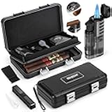 SEMKONT Cigar Humidor, Portable Travel Cigar Box, Double Cigar Humidor with Separate Storage for Cigar Accessories, Cigar Travel Case with Cigar Lighter(No Butane), Holds 5 Cigars (Black)