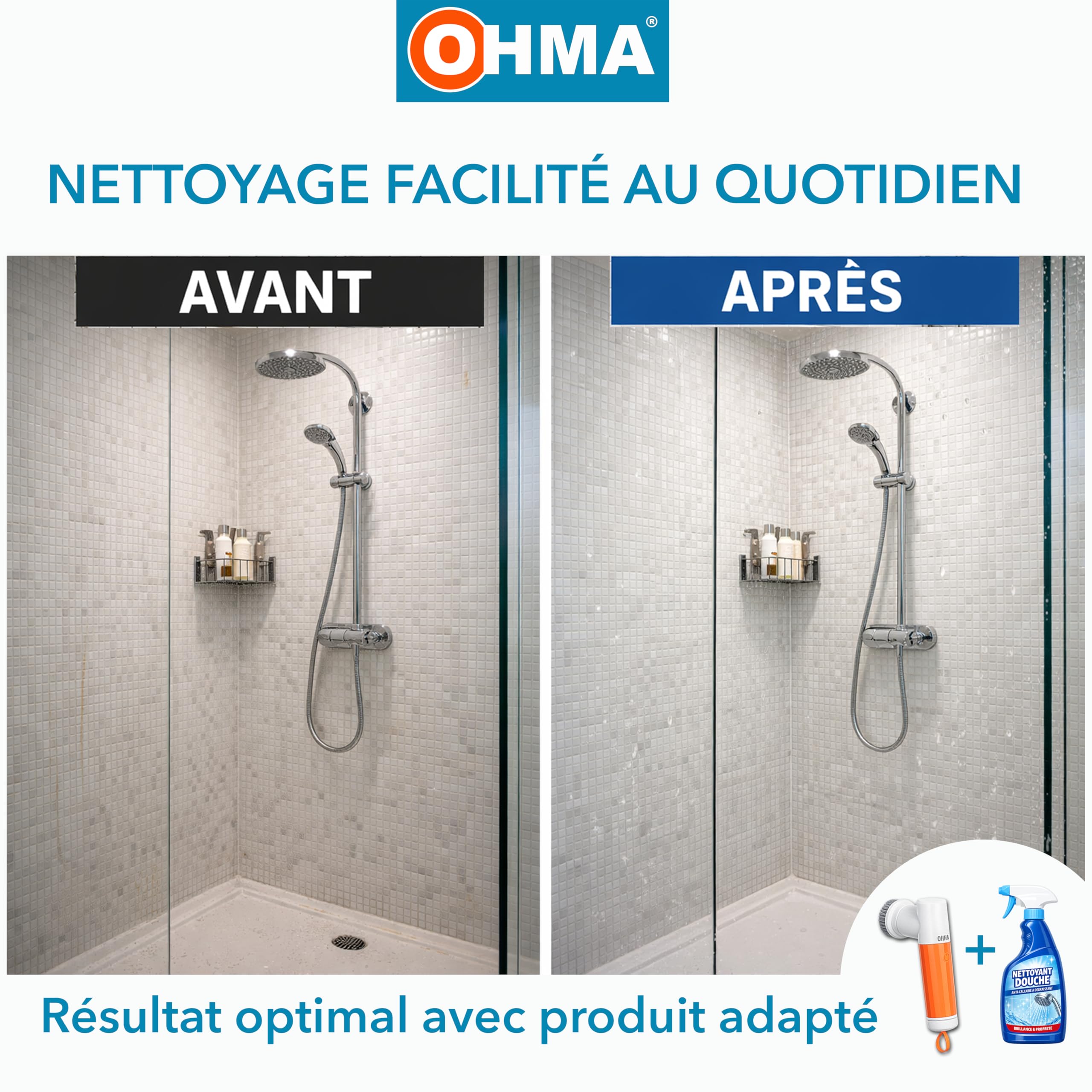 OHMA Brosse de Nettoyage Électrique Rotative – 4 Têtes – Jusqu'à 2h30 d'autonomie - Joints, Carrelage, Douche, Salle de Bain et Cuisine – Étanche IPX7 – USB-C – Garantie 3 Ans