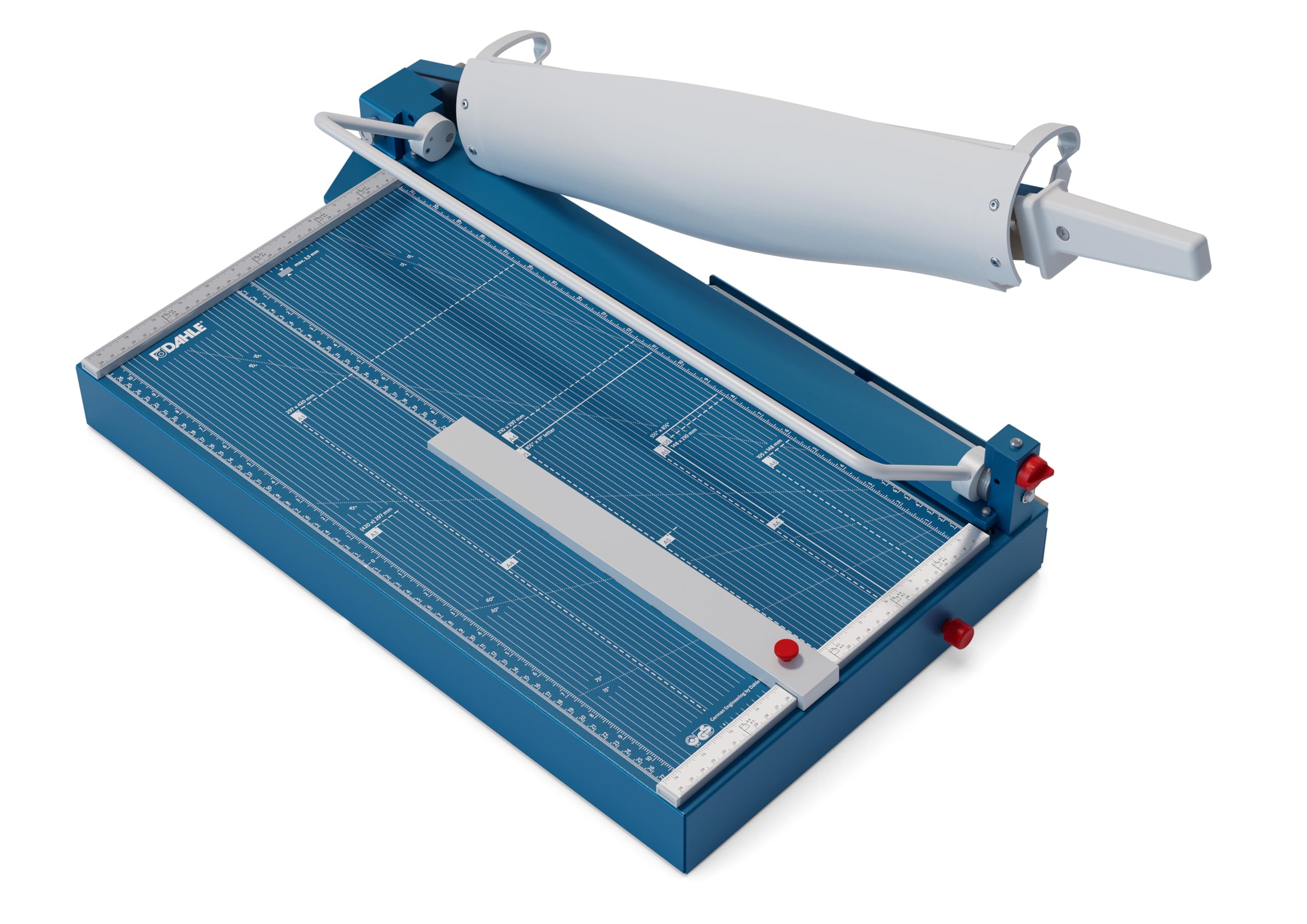 Dahle 597 Hebel-Schneidemaschine mit manueller Bügelpressung und Werkstoffmesser (550 mm bis DIN A3, Schnitthöhe 3,5 mm, Metalltisch) Blau