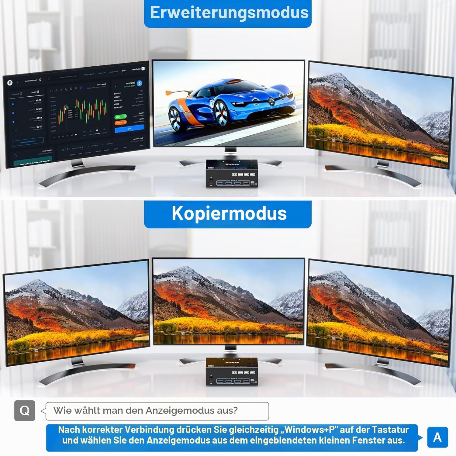 KCEVE KVM Switch 3 Monitore 2 PC, 8K@60Hz/4k@144Hz USB 3.0 KVM Umschalter HDMI + DisplayPort, für 2 Computer, 3 Displays, und 4 USB 3.0 Geräte