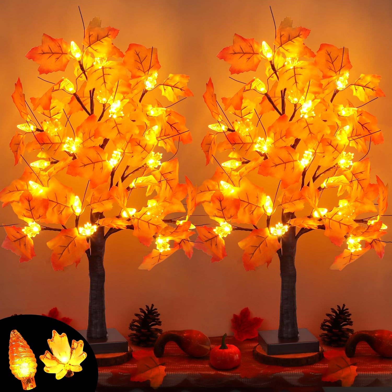 2 Pack 24 Inch Artificial Lighted Maple Tree with 48 LEDs Timer Fall Thanksgiving Decorations Battery Operated Prelit Maple Tree Table Lights for Thanksgiving Decor Home Indoor Autumn Harvest Style 2