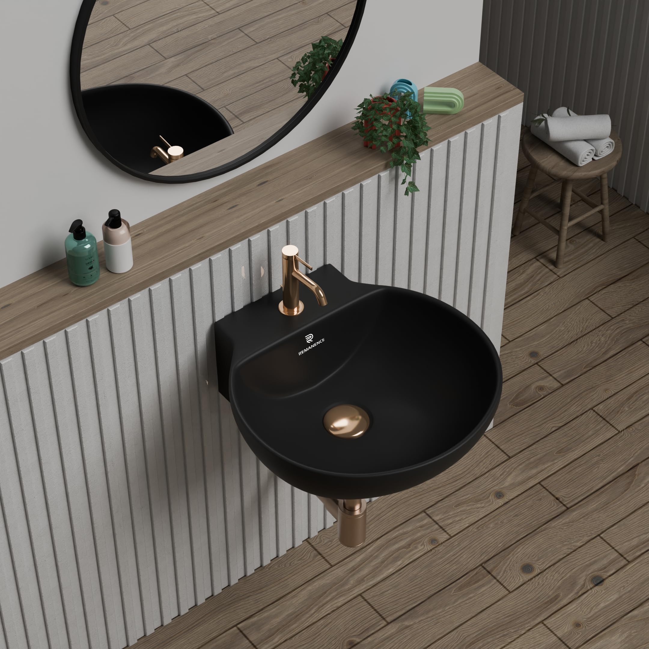 REMANENCE Ceramic Wall Hung Corner Wash Basin for Bathroom | Wall Mounted Corner Sink | Space-Saving, Durable & Stylish Design (12 x 12 x 5 Inch) (Black)