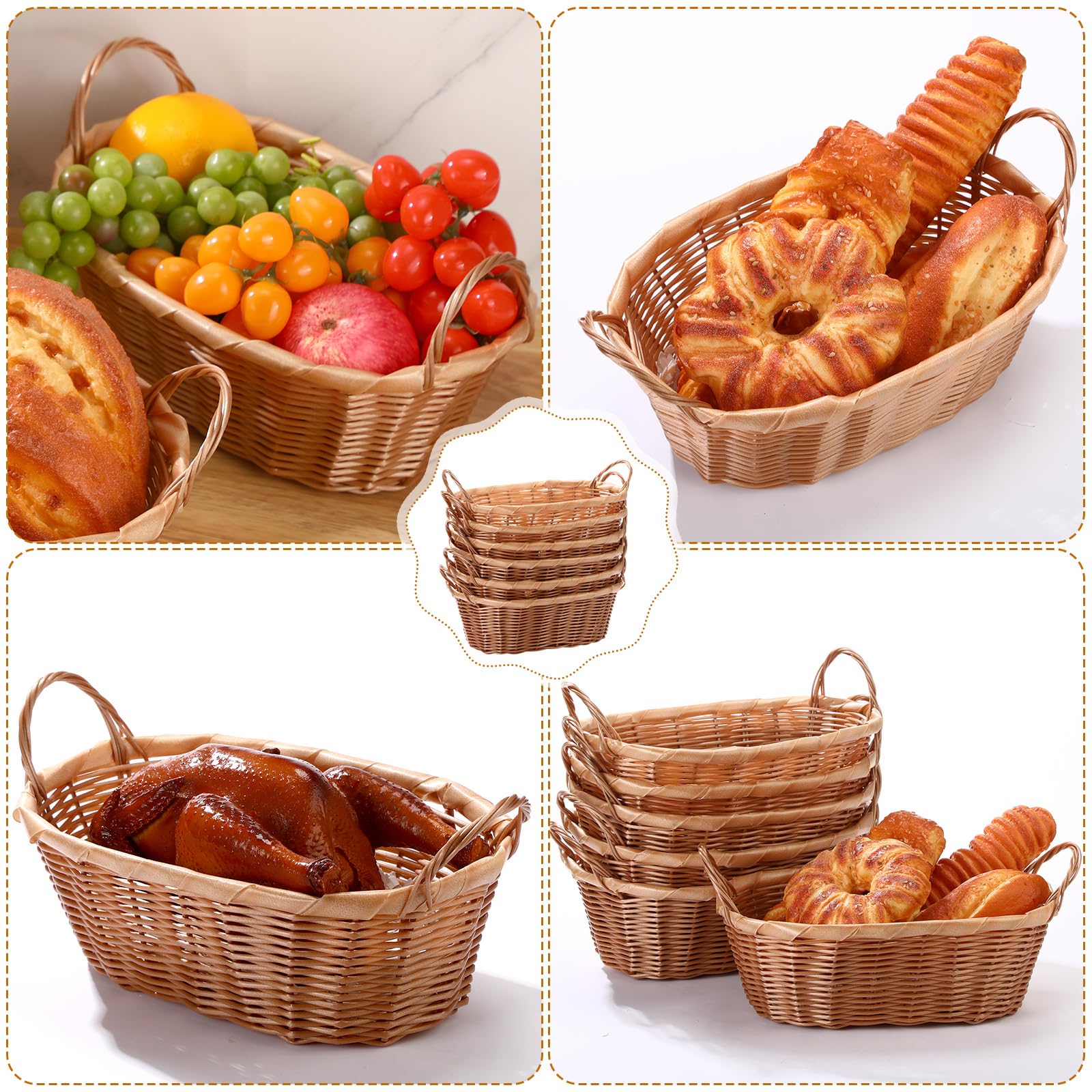 Tioncy 6 cestas de mimbre para pan con asas, cesta ovalada de plástico tejida a mano, cesta para servir alimentos con forro de papel, cestas de comida, juegos de bandejas de servir, cestas de comida